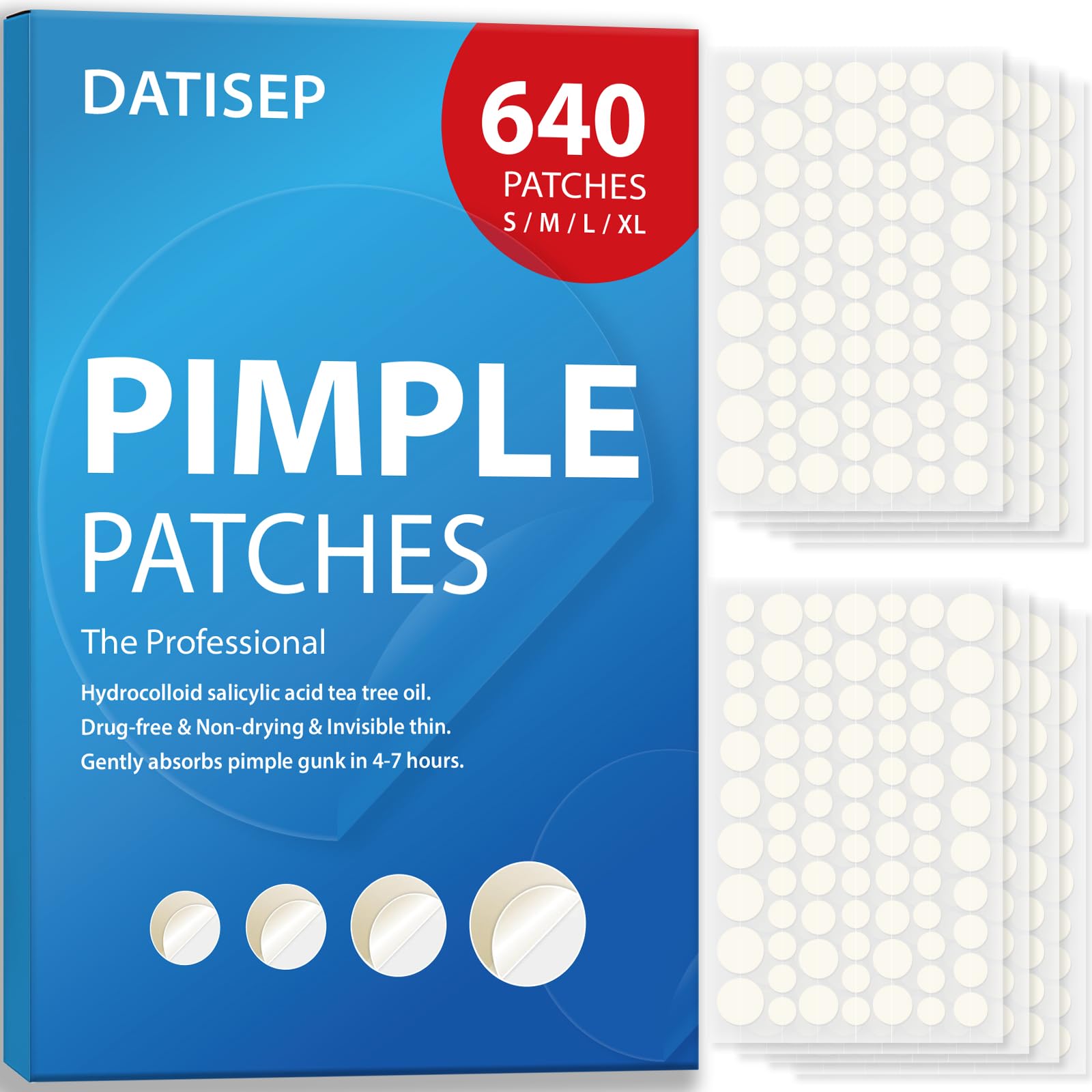 DATISEP Pimple Patches for Face, 640 Count Hydrocolloid Patch Acne Patches,4 Sizes Zit Patches for Covering, Blemishes and Break