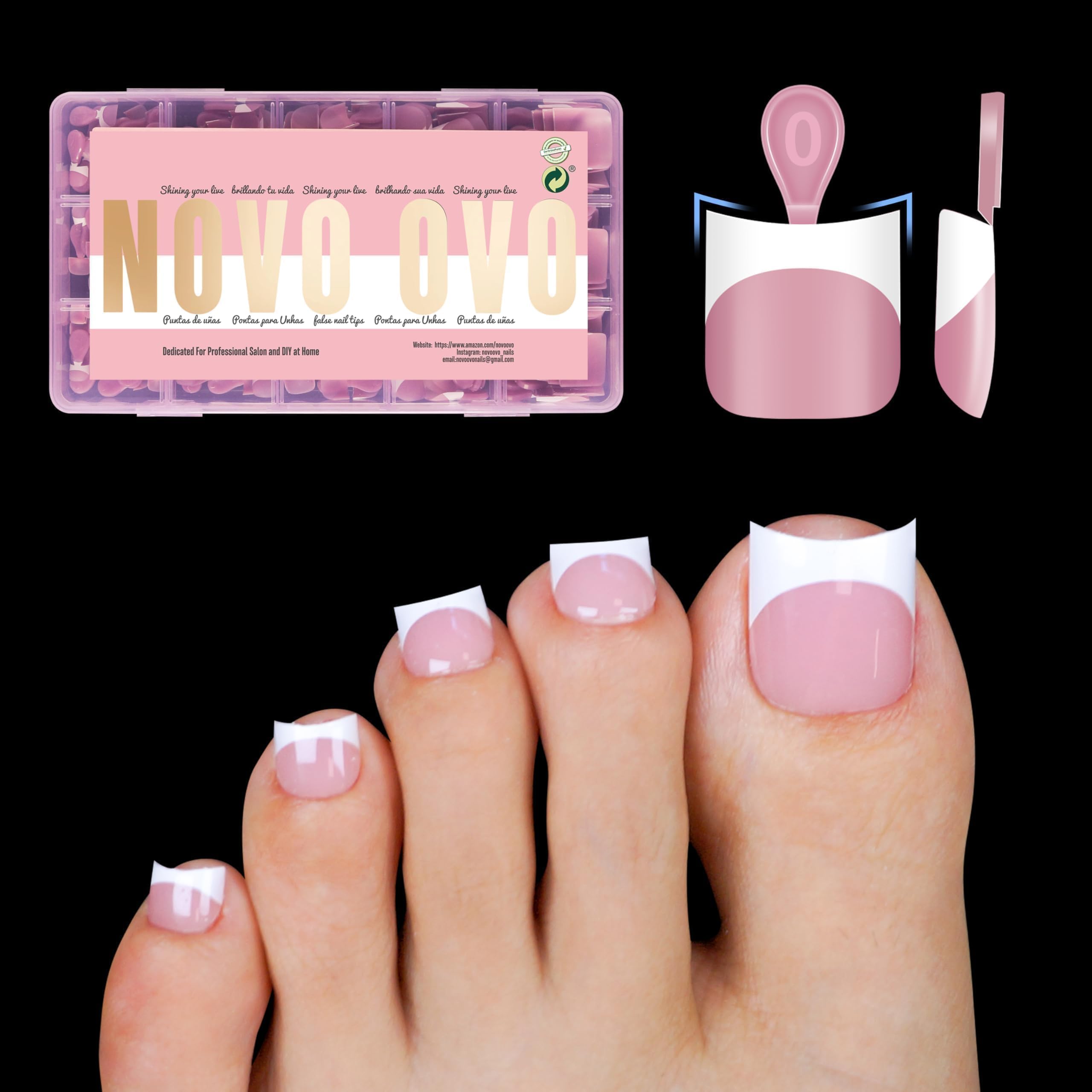 NOVO OVO Halloween Short Toe Nail Tips White French Tip with Moon Curve, BERRY PINK Thick Sharp Square Toenail Extension, Soft G