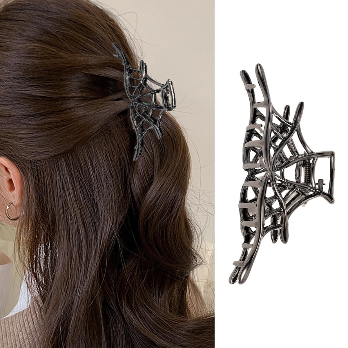 AIUPUOC Metal Black Spider Web Hair Clip for Women, 1Pcs, Medium, Halloween Themed, Metal Material, Hair Clip, Hair Accessory, P