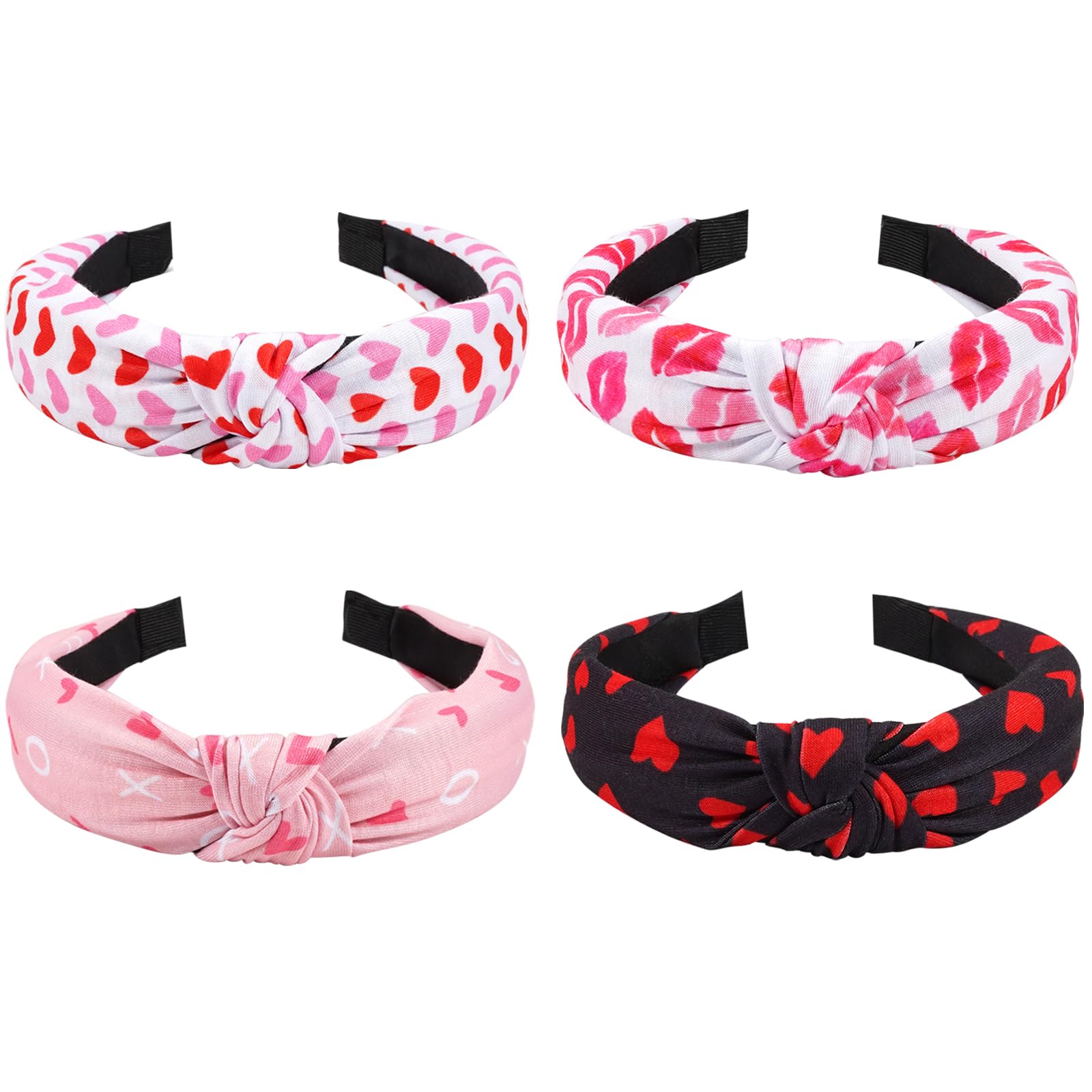 Budsmile 4PCS Valentines Headbands Love Heart XOXO Knotted Wide Headband for Women Girls Yoga Valentines Day Hair Band Makeup H