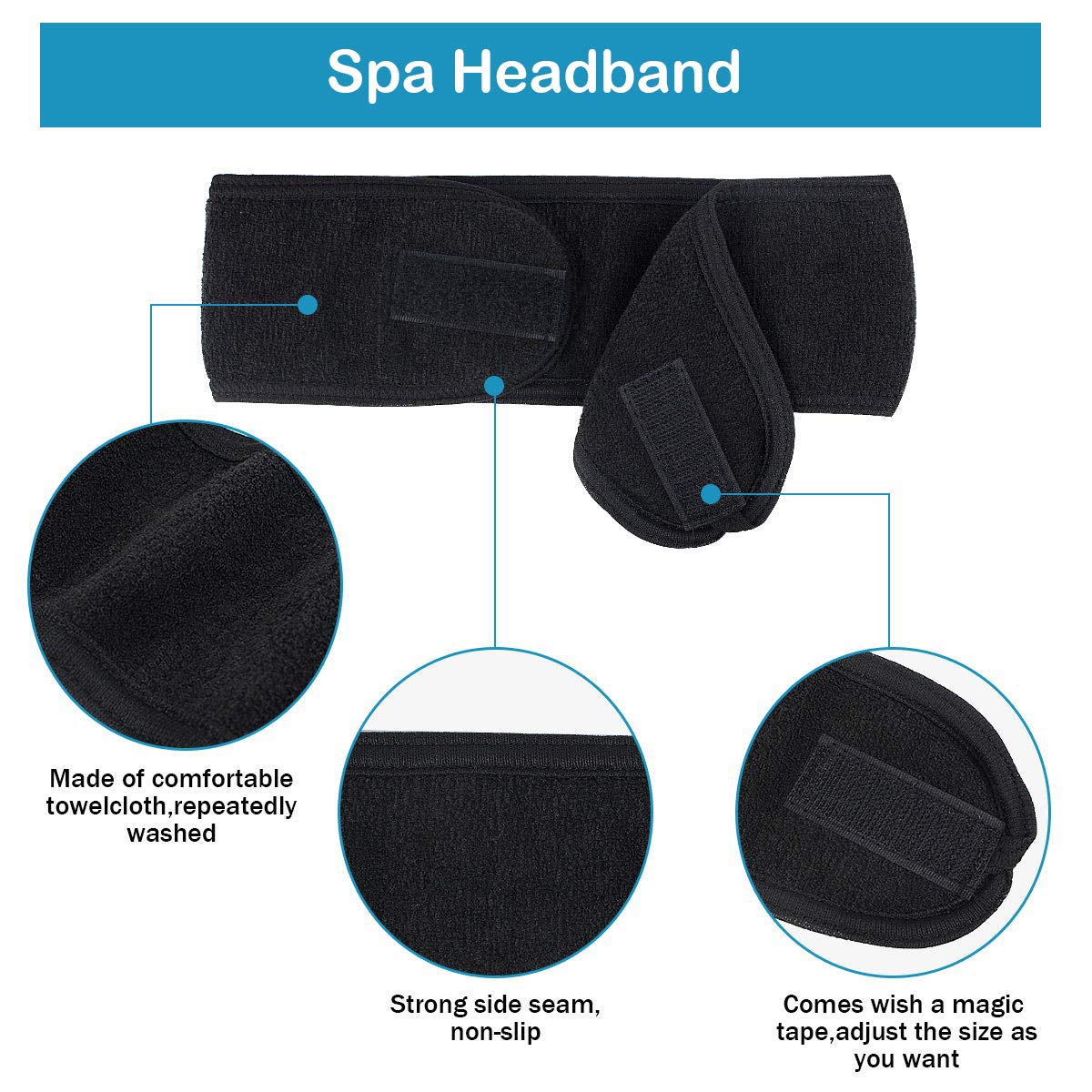 Lades Facial Spa Headband - 3 Pcs Makeup Shower Bath Wrap Sport Headband Terry Cloth Adjustable Stretch Towel With Magic Tape