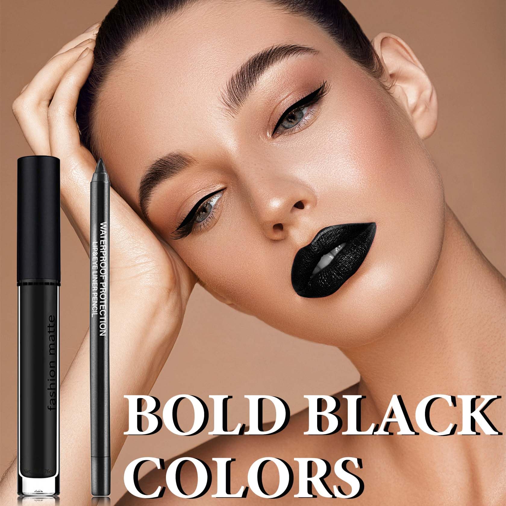 Duozeng Black Matte Liquid Lipstick,2 Pcs Lip Liner And Lipstick Set,Black Lip Stain Gloss Long Lasting Waterproof Lipgloss High