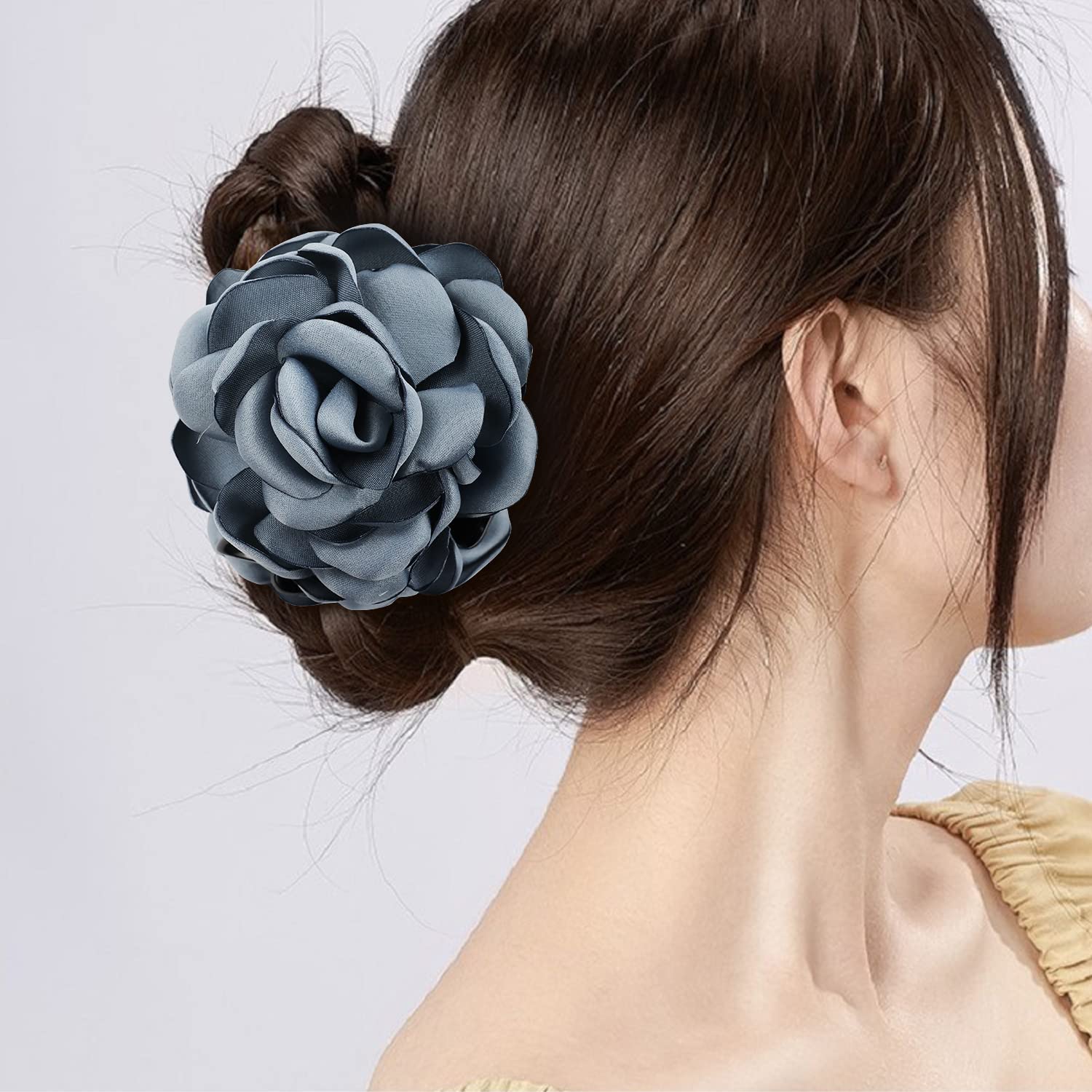 Lawie 4 Pack Large Black Burgundy Red Butterfly Octopus Ribbon Silk Chiffon Rose Flower Plastic Hair Claw Clips Fabric Floral Bo