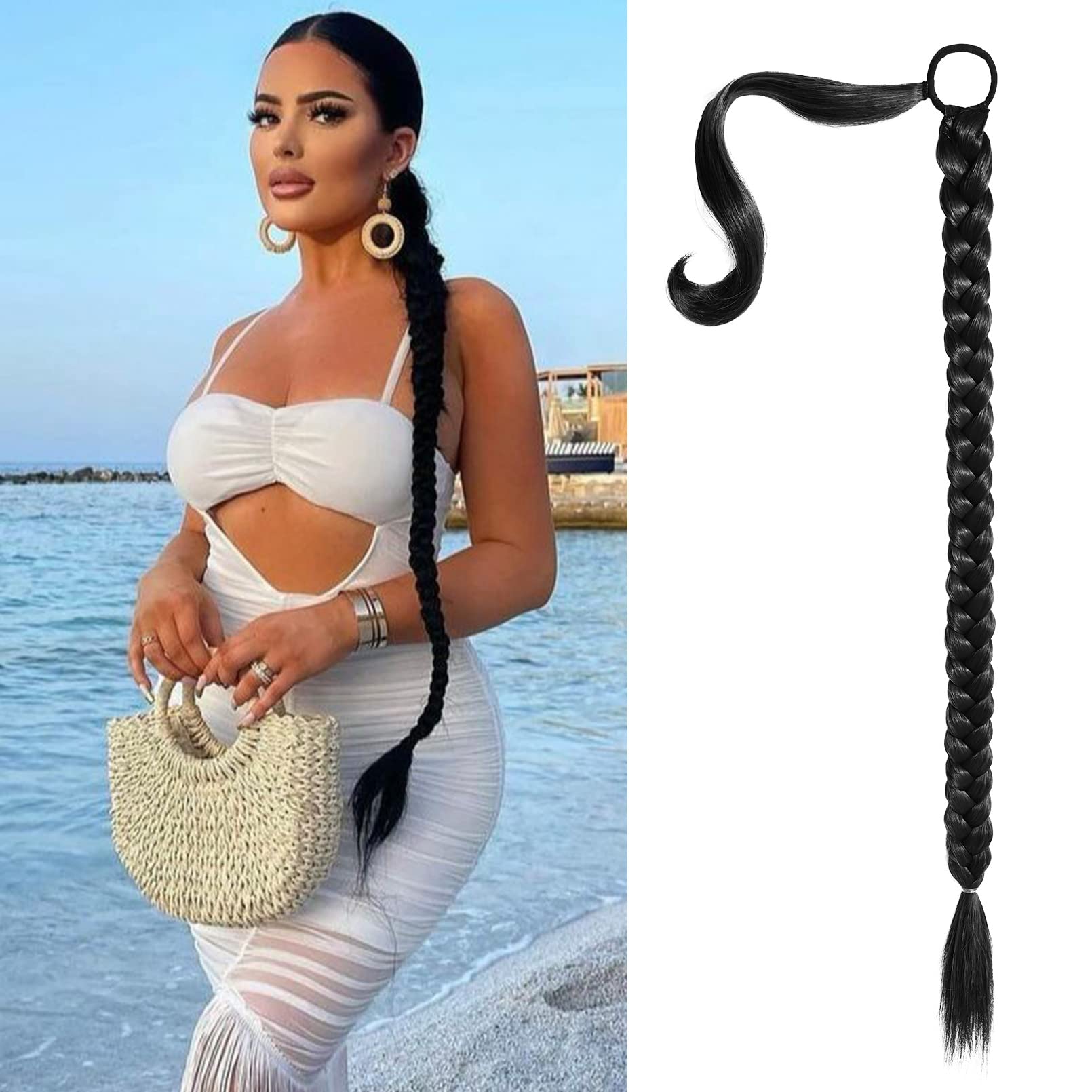 SEIKEA Upgraded Long Braid Ponytail Extension with Elastic Tie Straight Sleek Wrap Around Braid Hair Extensions Ponytail Natural