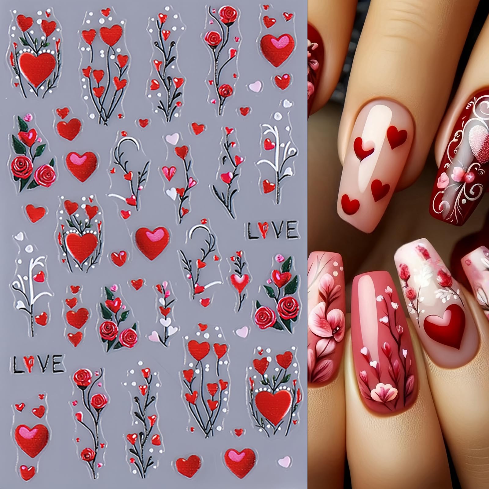 4Sheets Valentines Day Heart Nail Stickers 3D Self-Adhesive Red Valentines Love Nail Art Decals Love Angel Valentine Rose Nail D