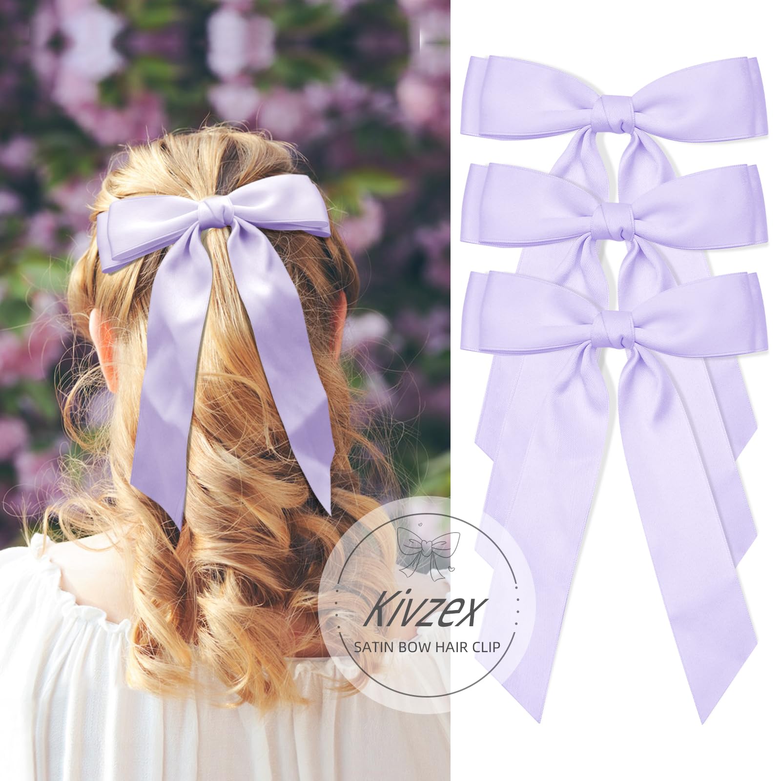 3Pcs Purple Hair Bows For Women Double-Layer Long Tail Bow Hair Clip Hair Ribbon Ponytail Holder Hair Accessories For Girls Todd