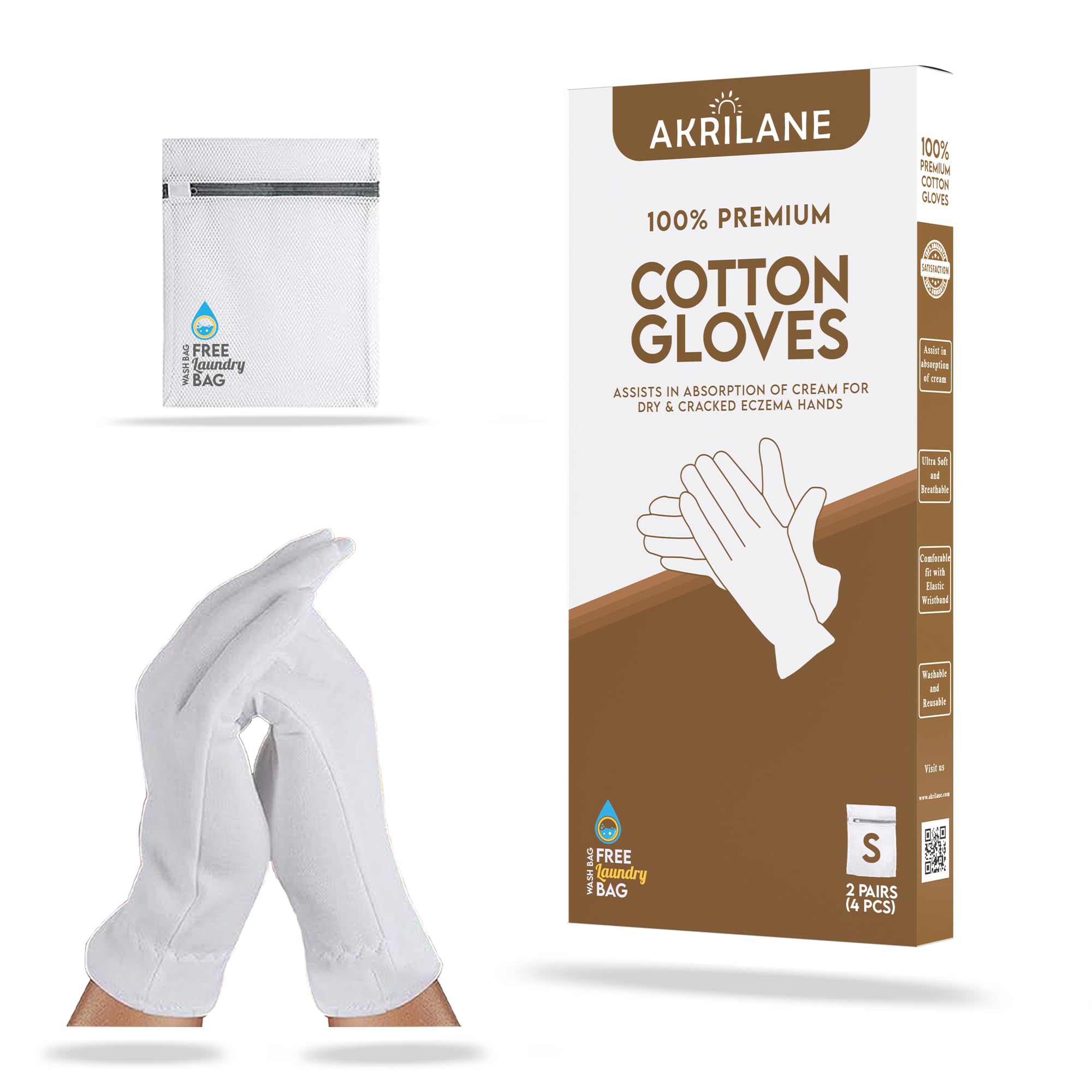 S Small 2 Pairs 100% Premium Cotton Gloves For Dry Hands | Moisturizing Overnight Gloves For Eczema, Psoriasis & Skin Spa Treatm