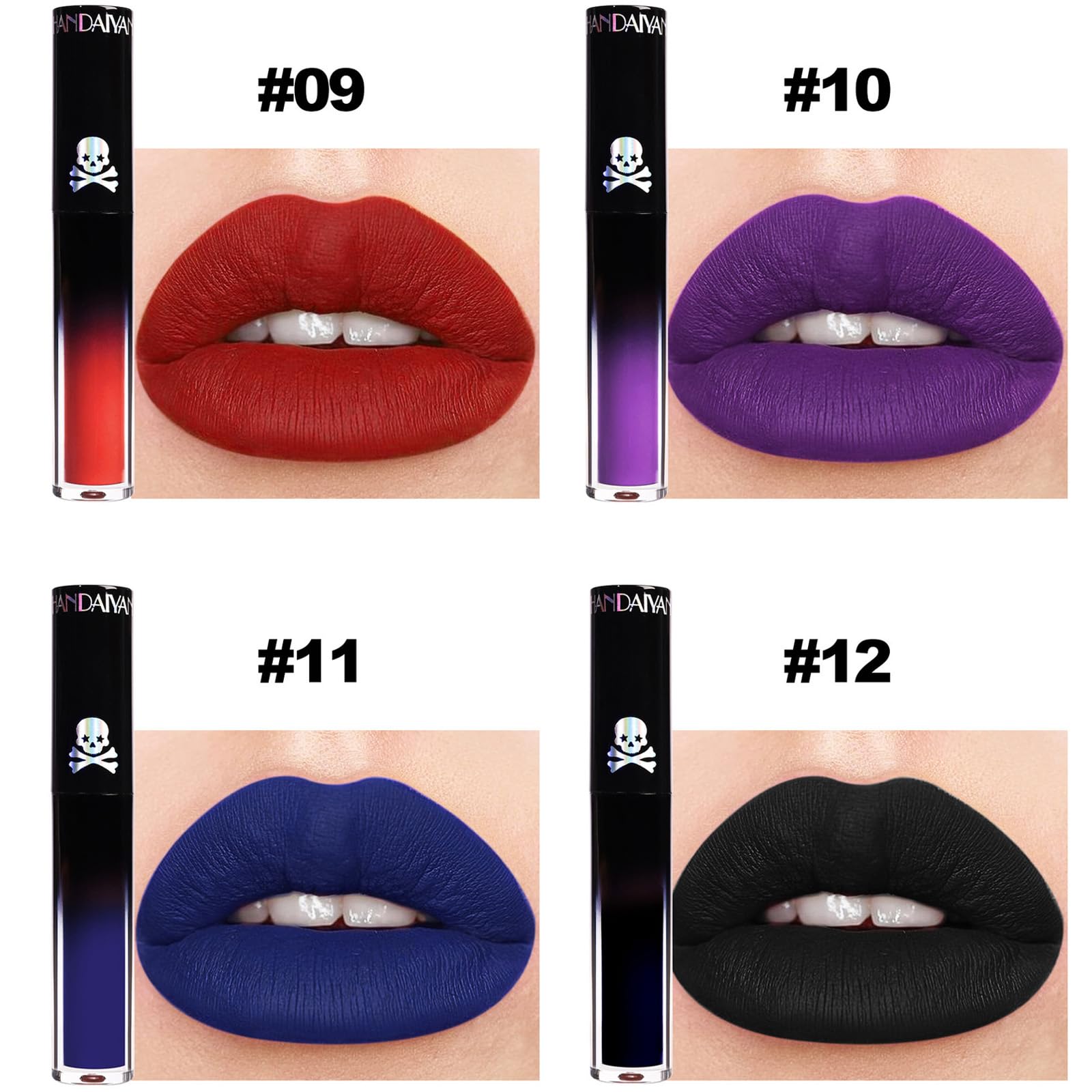 Aseawave 4Pcs Dark Red Purple Blue Black Matte Liquid Lipstick Sets,Matte Lipstick Lip Stain Long Lasting 24 Waterproof Lip Glos