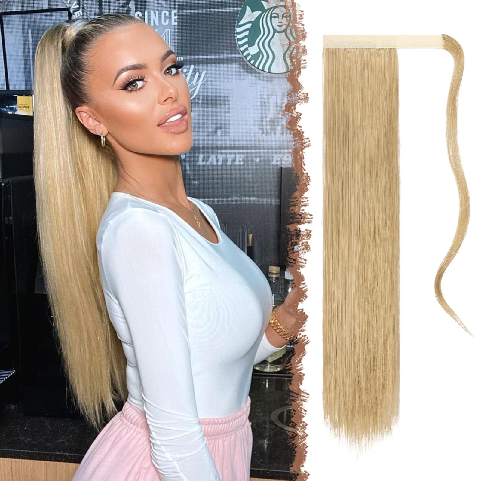 FESHFEN Straight Long Ponytail Extensions 24 Inch Gloden Blonde Wrap Around Synthetic Ponytails Hair Piece Pony Tail Hair Extens