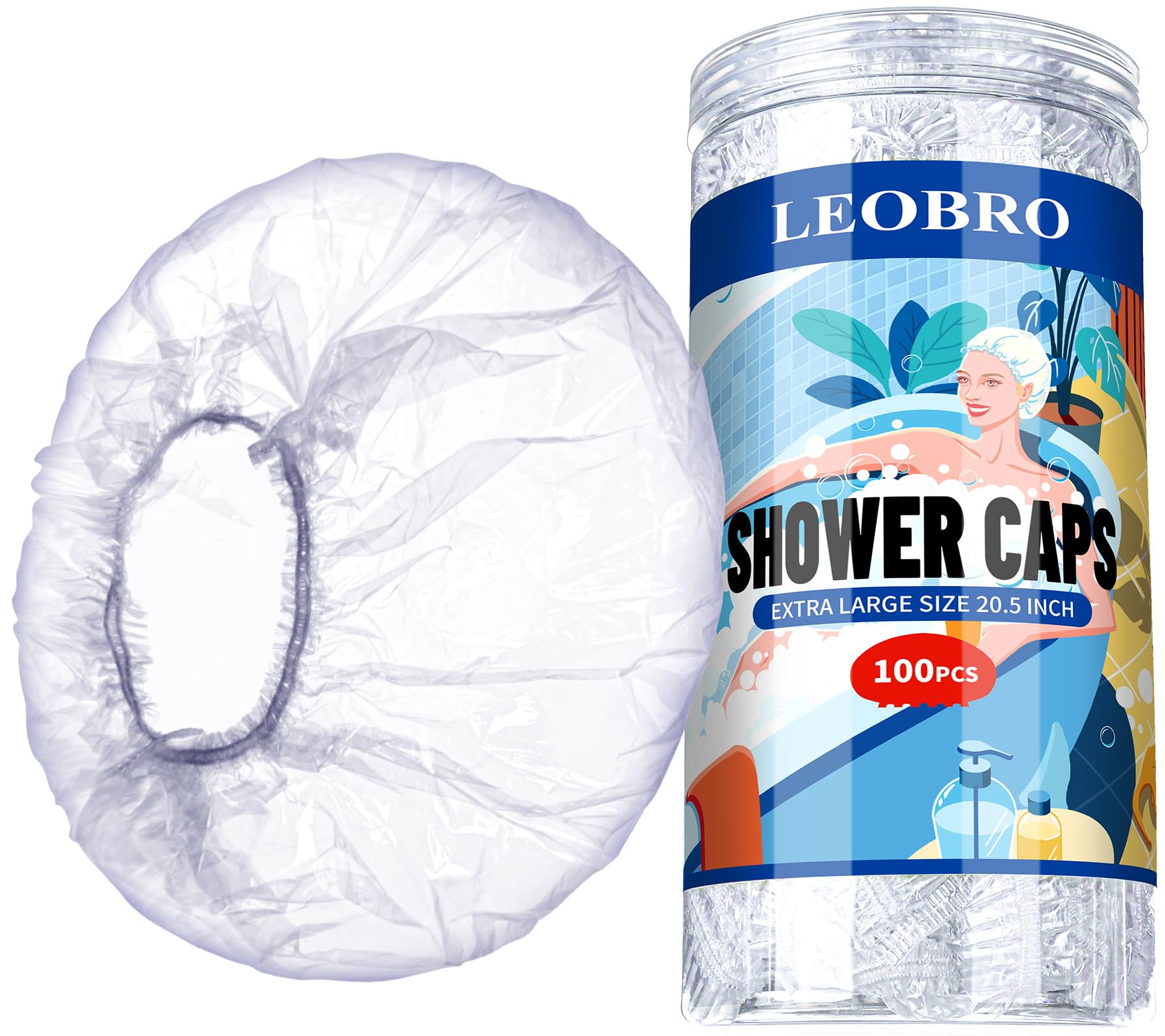 Leobro Extra Large Disposable Shower Cap, 100Pcs Shower Caps, Plastic Shower Caps For Women Disposable, Clear Thick Plastic Hair