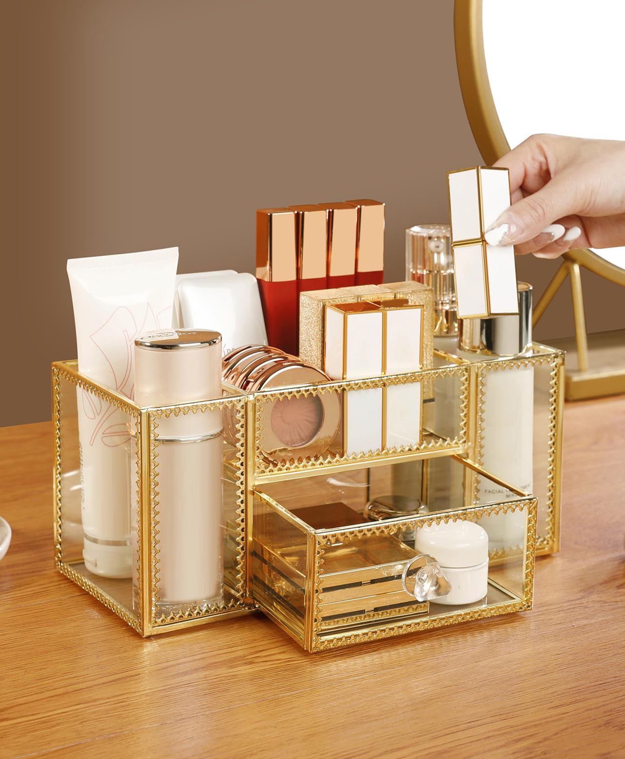 FSyueyun Vanity Clear Glass Makeup Organizer, Gold Makeup Brush Holder Cosmetic Storage Display Case for Skincare Perfume Dresse