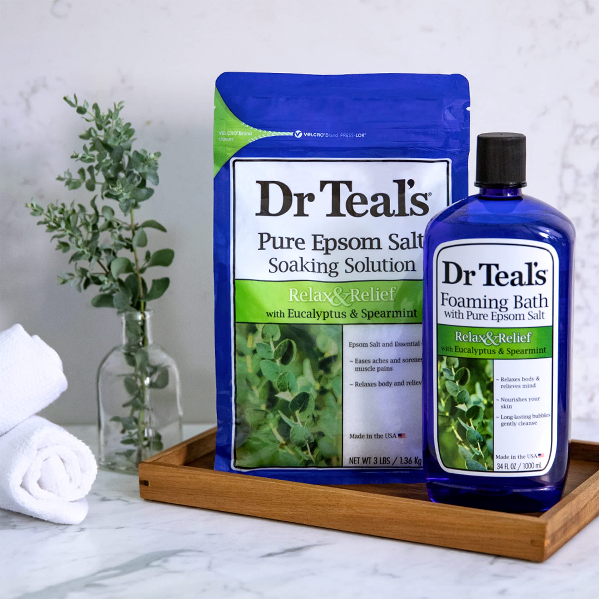 Dr Teals Epsom Salt Soaking Solution And Foaming Bath With Pure Epsom Salt, Eucalyptus 3 Pound Bags, And 34 Ounce Bottle (Packag