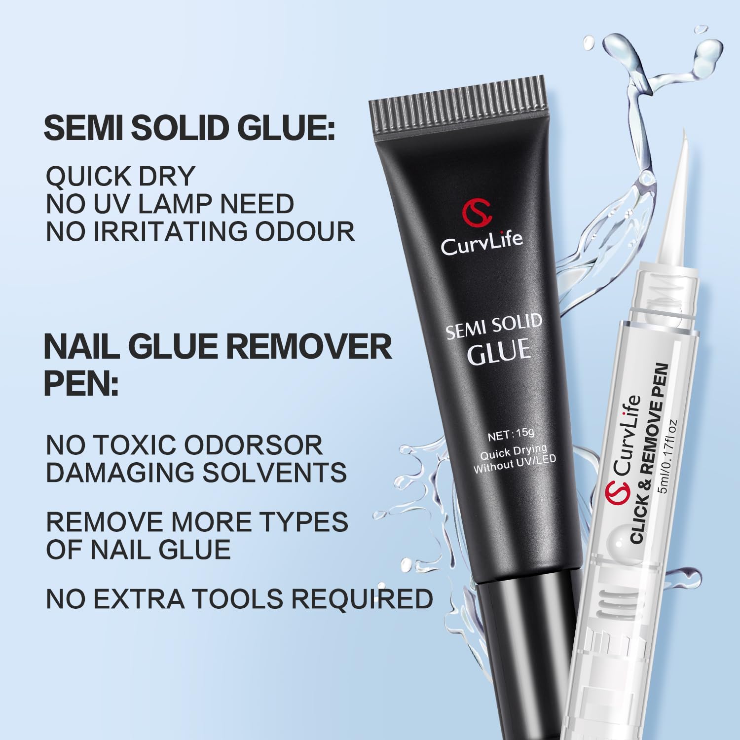 CurvLife 15g Semi Solid Nail Glue Gel - 5ml 3 in 1 Remover, Clear, No UV Light Needed, Click&Remove Pen Design