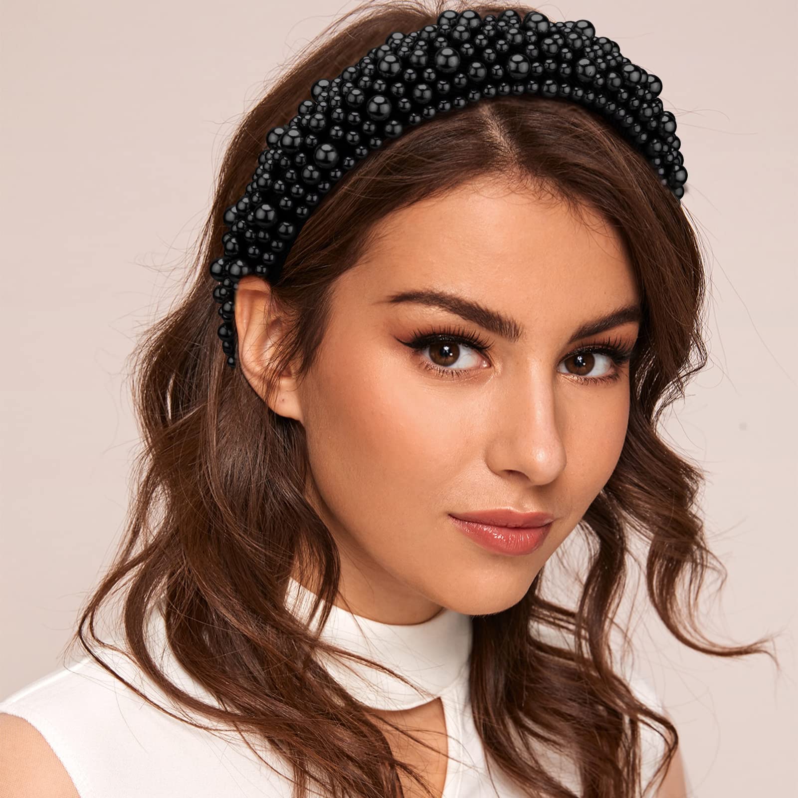 Hapdoo Black Pearl Headbands For Women Girls, Cute Puffy Padded Headband With Faux Pearl For Wedding Bride Fashion, Wide Thick B