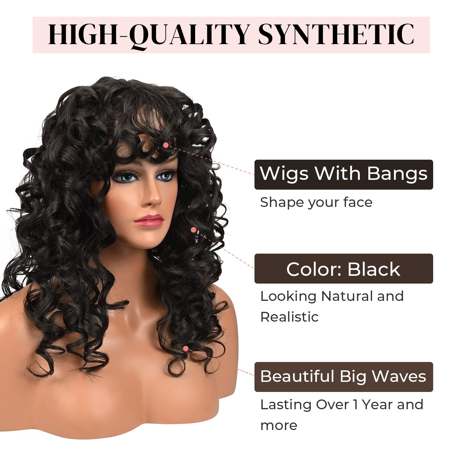 Lonai Curly Wig With Bangs For Black Women Long Black Kinky Wigs With Wispy Bangs Wig006 Curly Gorgeous Fringe Synthetic Wig For
