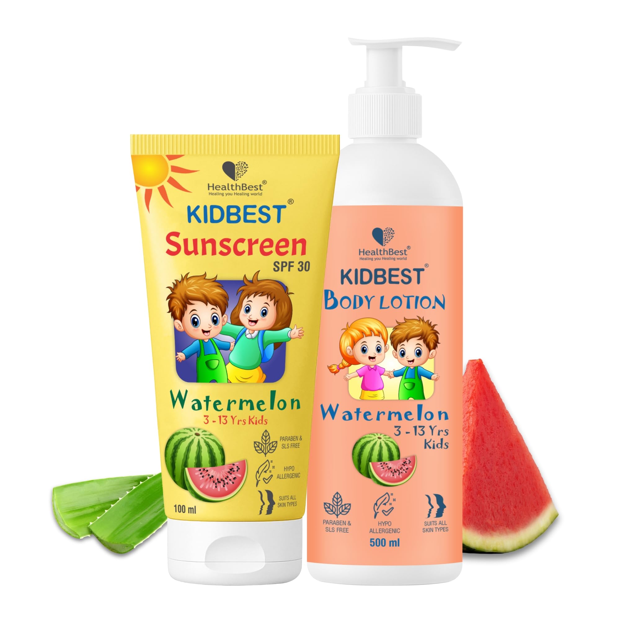 Healthbest Kids Sunscreen Spf 30 Pa+++ 100Ml & Body Lotion 500Ml Combo For 3-13 Years | Sun Protection + Gentle, Hydrating Lotio