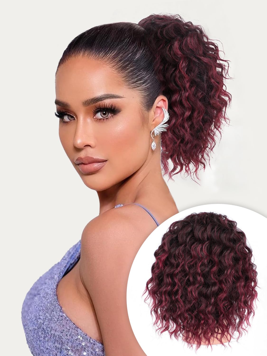 ALXNAN Wavy Curly Ponytail Extension, 8'' Ombre Burgundy Drawstring Ponytail For Black Women Short Soft Natural Synthetic Hairpi