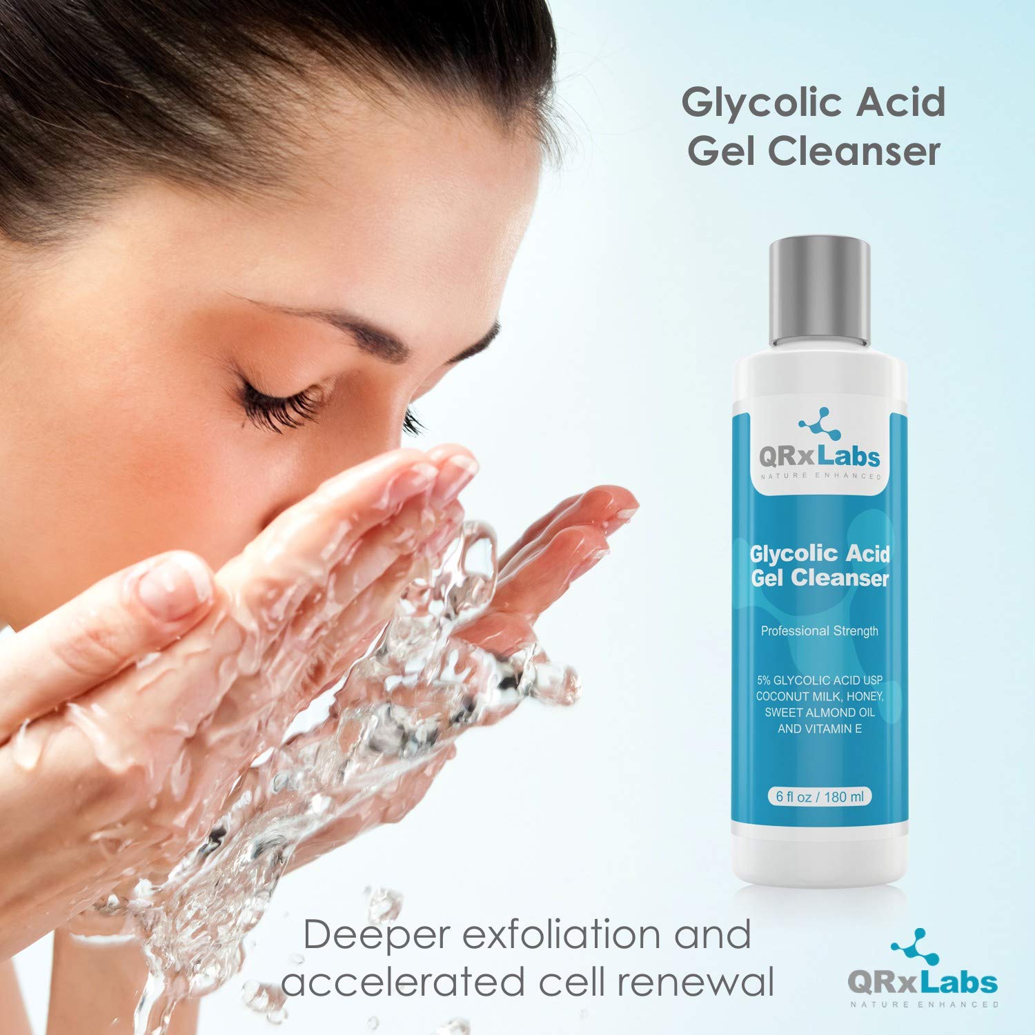 QRxLabs Glycolic Acid Face Wash - Exfoliating Gel Cleanser for Acne & Anti-Aging - 6 Fl Oz - Model C-GLYC-6