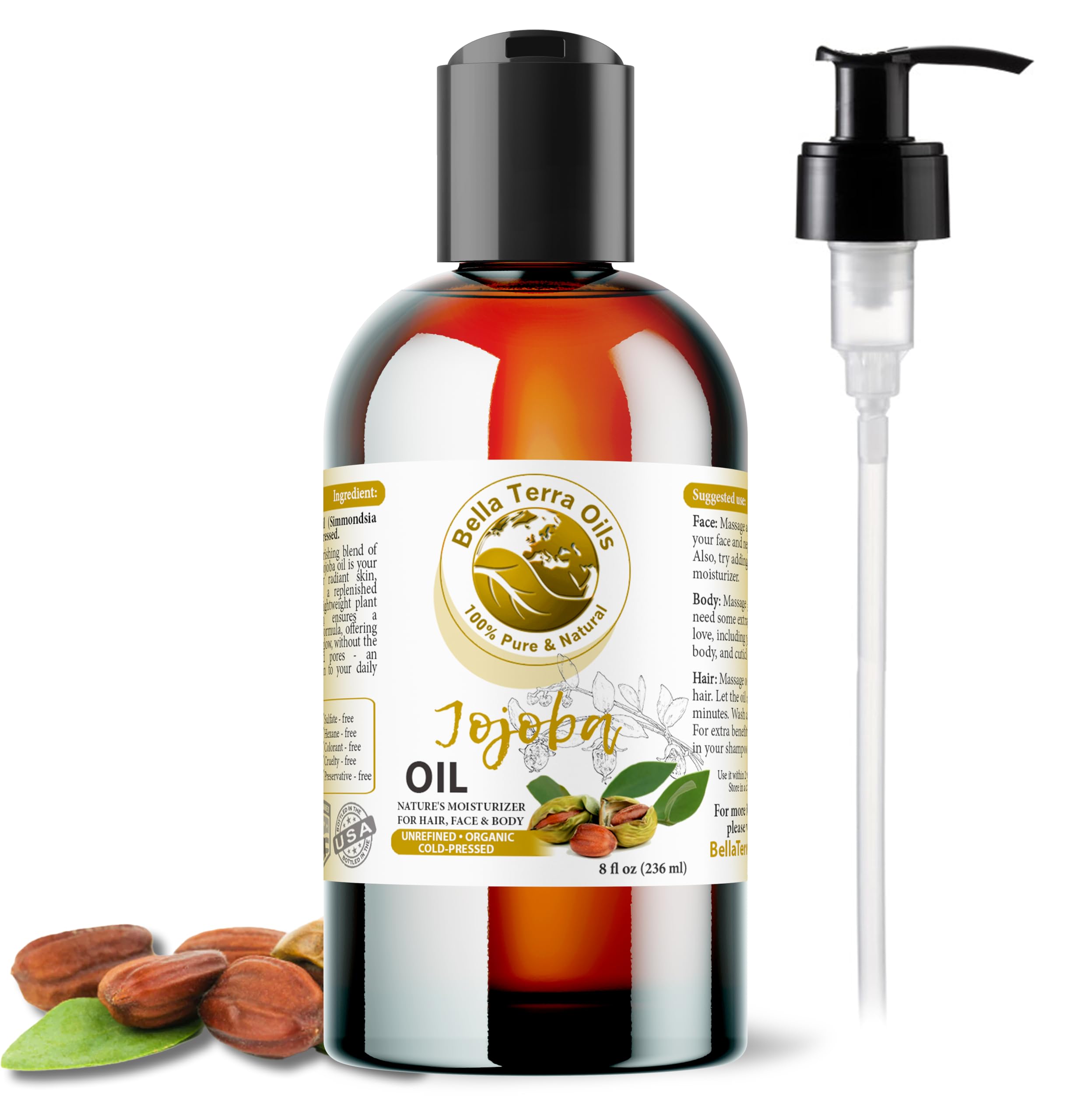 Bella Terra Oils - Organic Jojoba Oil 8oz - Embrace Organic Jojoba's Hydrating Potential, Rich in Essential Nutrients & Antioxid