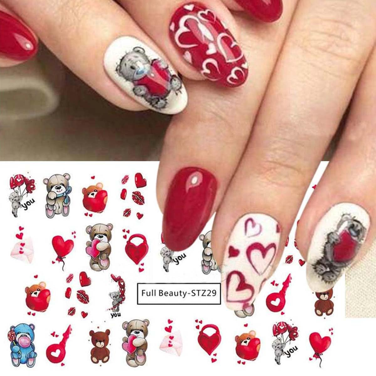 8Sheets Valentine'S Day Nail Stickers Heart Nail Water Transfer Decals Valentines Cute Bear Sexy Lips Love Letter Hearts Nail De