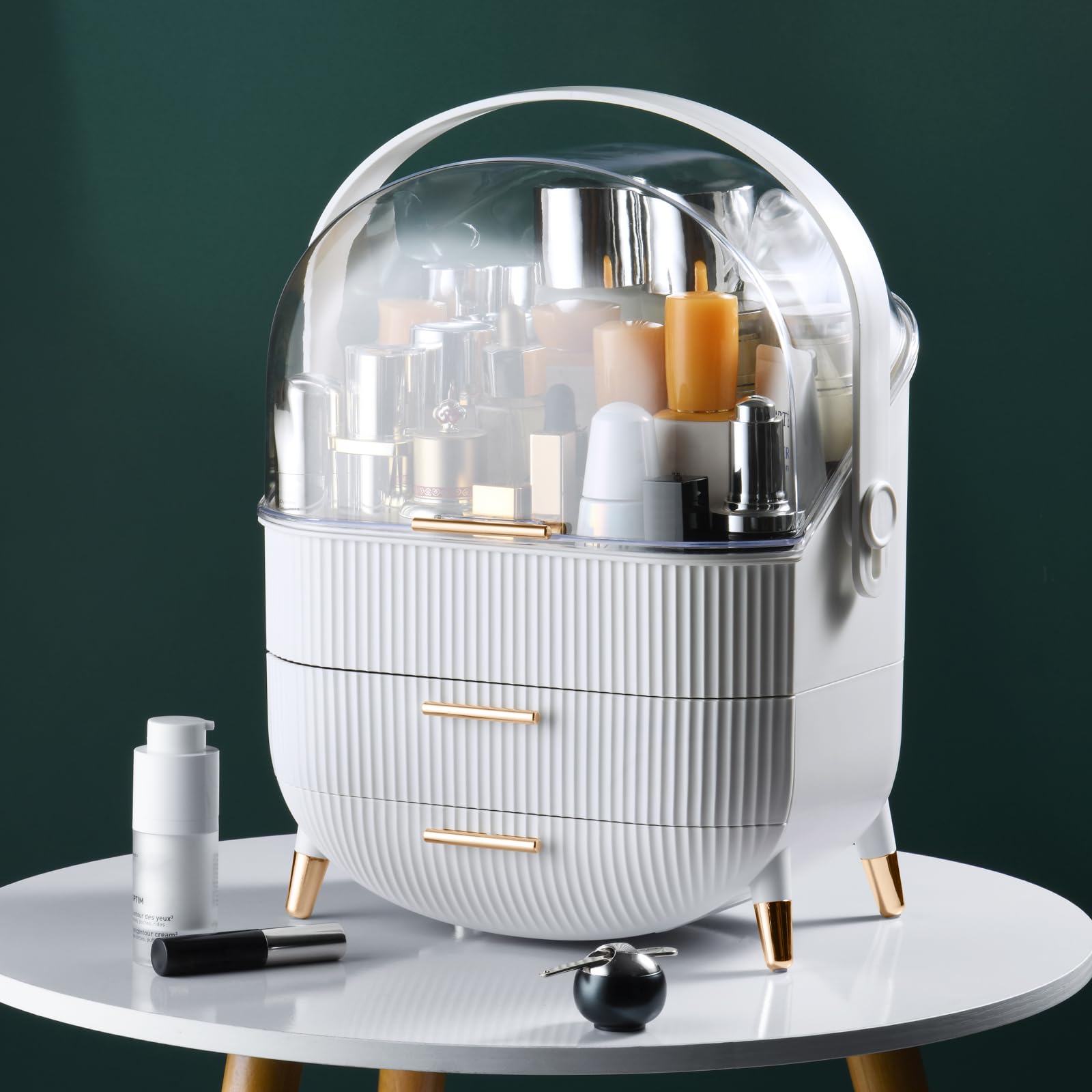 Canitoron Makeup Storage Organizer,Cosmetics Display Case With 2-Layer Storage Box And Transparent Cover, Bedroom Vanity Desk An