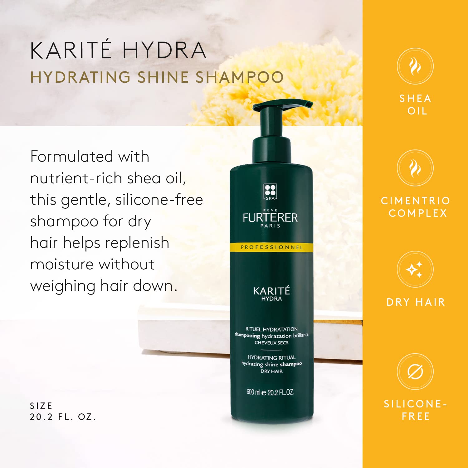 Rene Furterer Karite Hydra Hydrating Shine Shampoo, Dry Hair, Moisturizing, Shea Oil, Pump, 20.2 Oz.