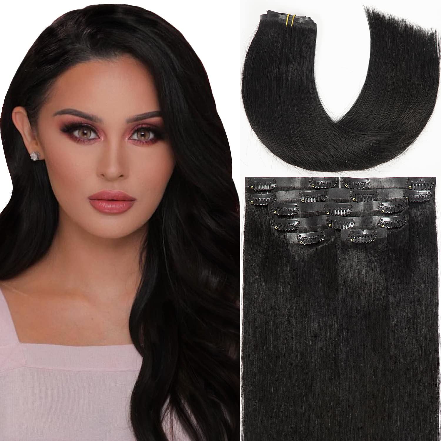 Lacer Hair Glam Seamless Clip in Hair Extensions Natural Off Black Human Hair Extensions 110g 7pcs 20 Inch Clip in Human Hair wi