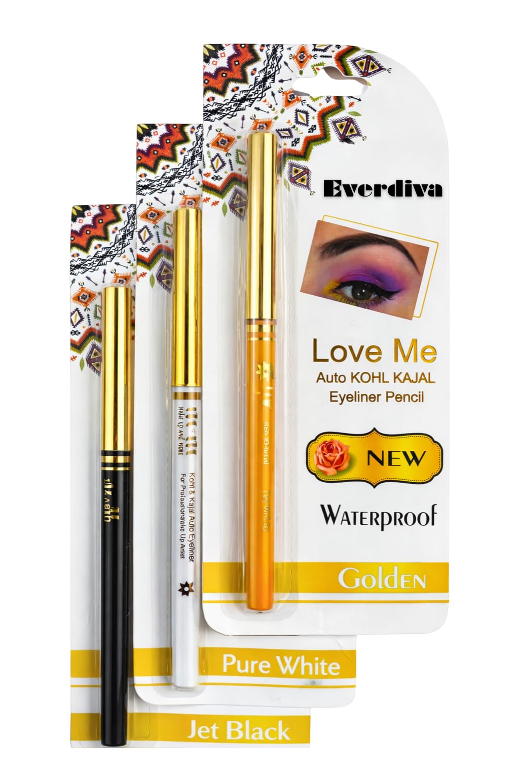 Gold, White & Black Eyeliner Pencil Set | Waterproof Color Kajal & Eyeliner Trio | Metallic & Classic Eye Liner Combo For Women 