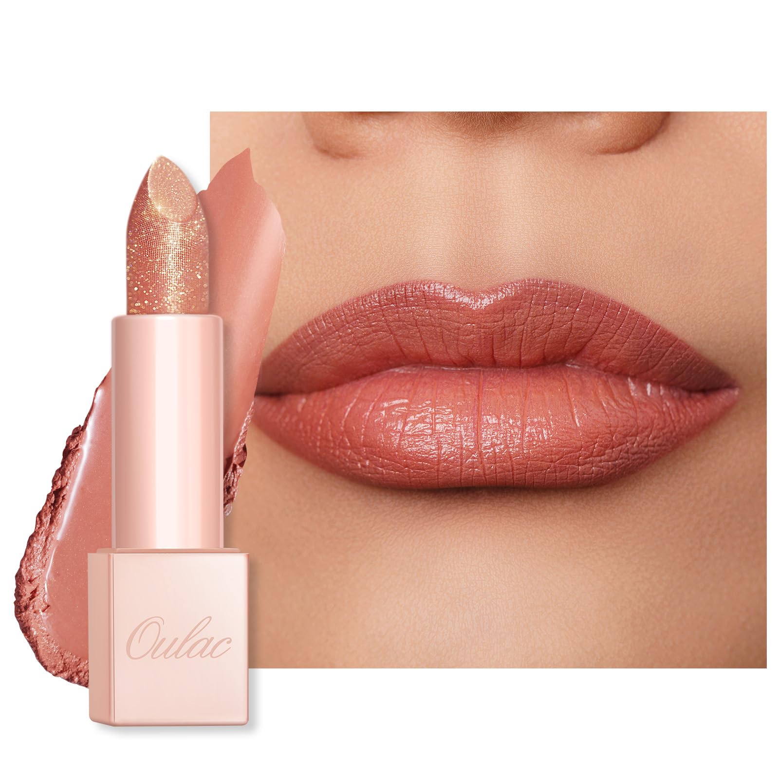 Oulac Moisturizing Peach Lipstick for Girls Moisture-Rich Tinted Lip Balm with Sparkle, Lightweight Lip Makeup, Shea Butter Form