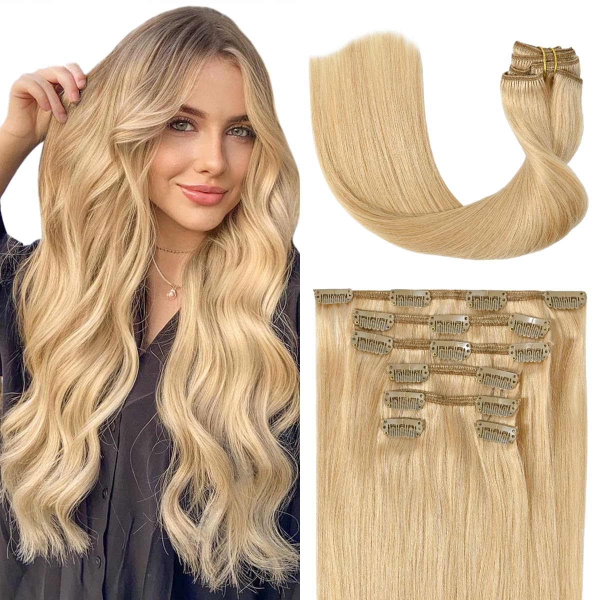 UGOTRAYS Light Honey Blonde Clip in Human Hair Extensions 70g 15inch 7pcs Straight 9A #27 Real Human Hair Clip Ins 16clips for W