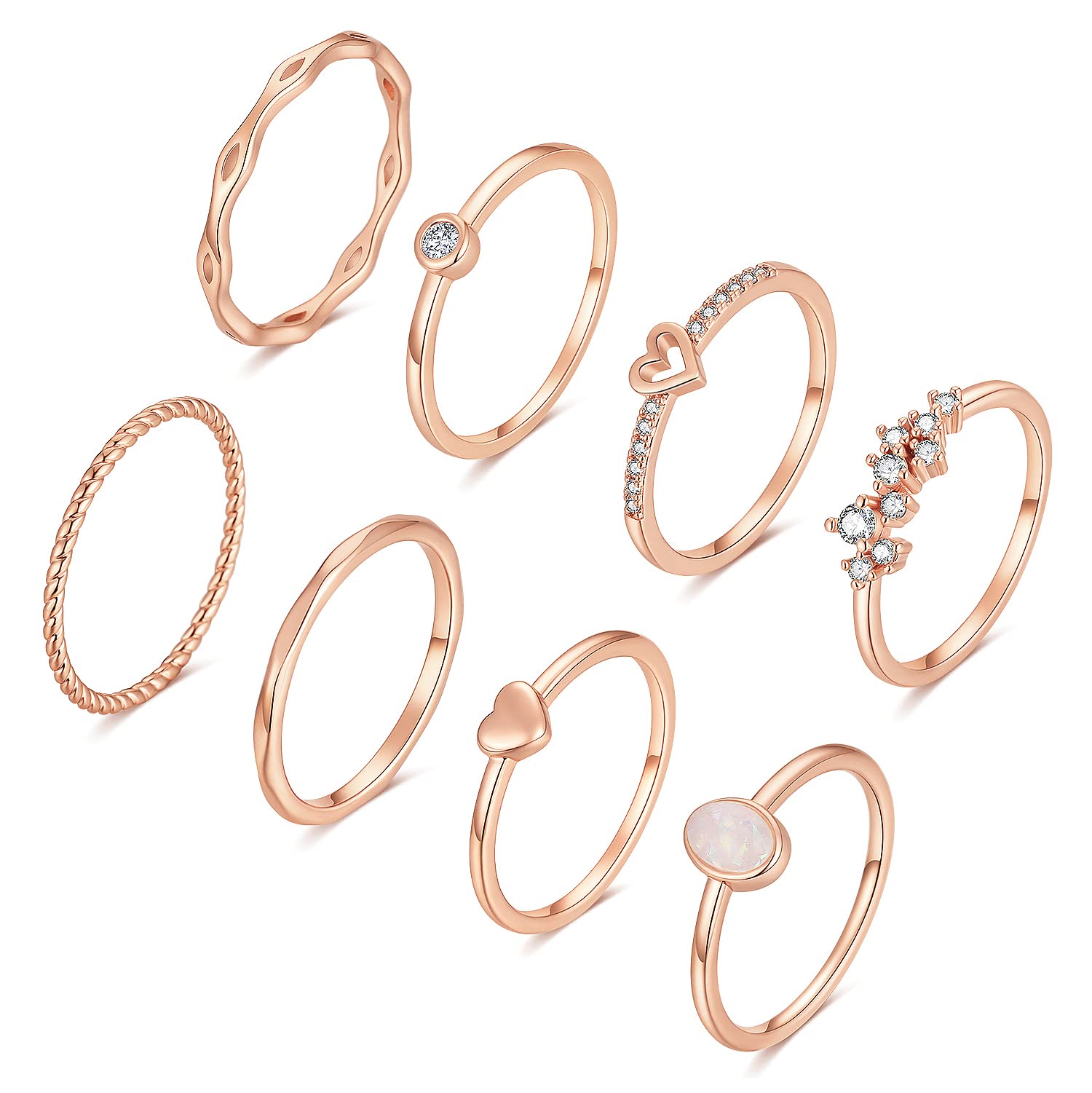 RLMOON 8PCS 14K Gold Plated Stacking Ring Set for Women Teen Dainty Thumb Stackable Rings Gold Heart CZ Promise Eternity Rings P