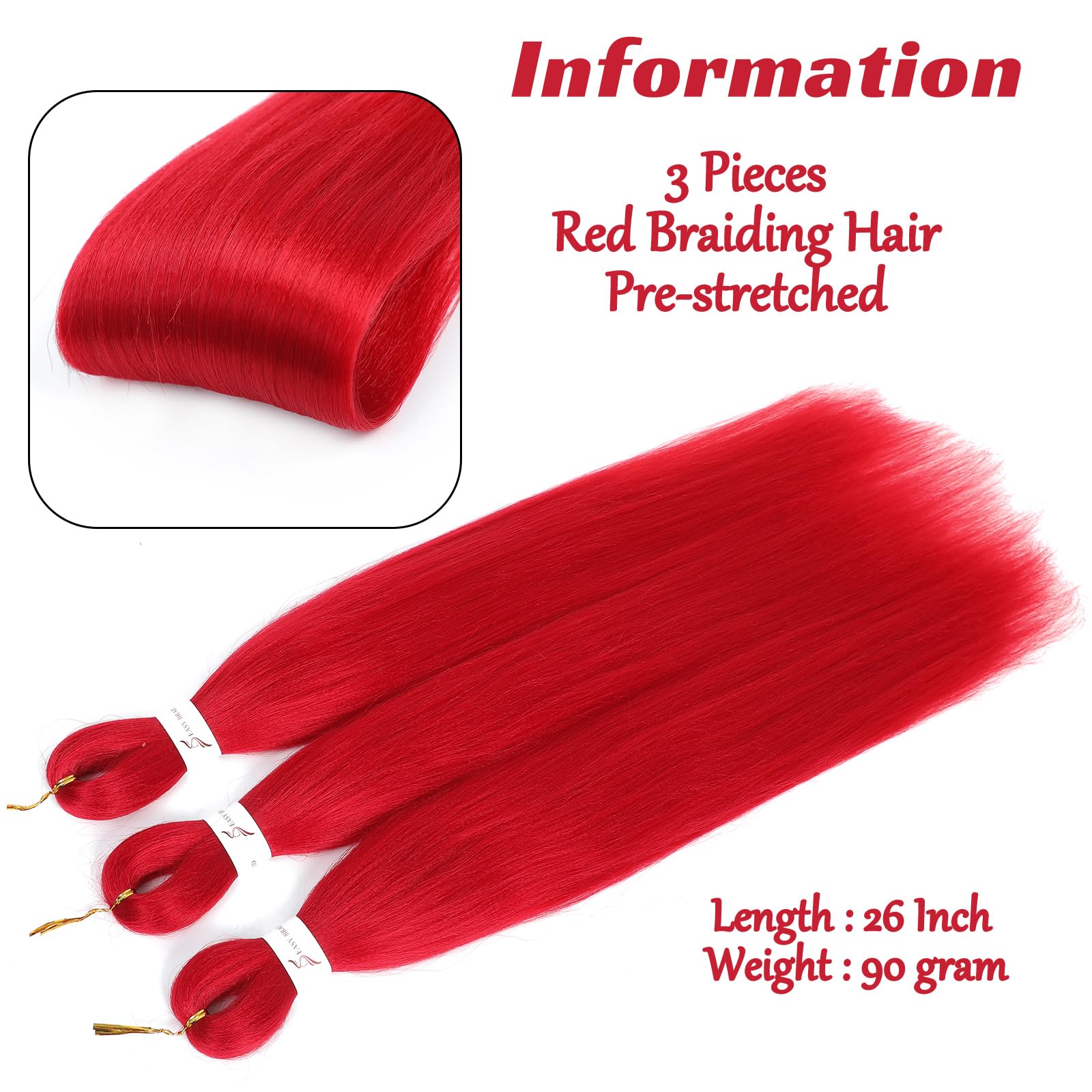 Royota Pre-Stretched Braiding Hair, Yaki Texture, 26 Inch, Pack of 3, Red Synthetic Hair for Knotless Box Crochet Extensions