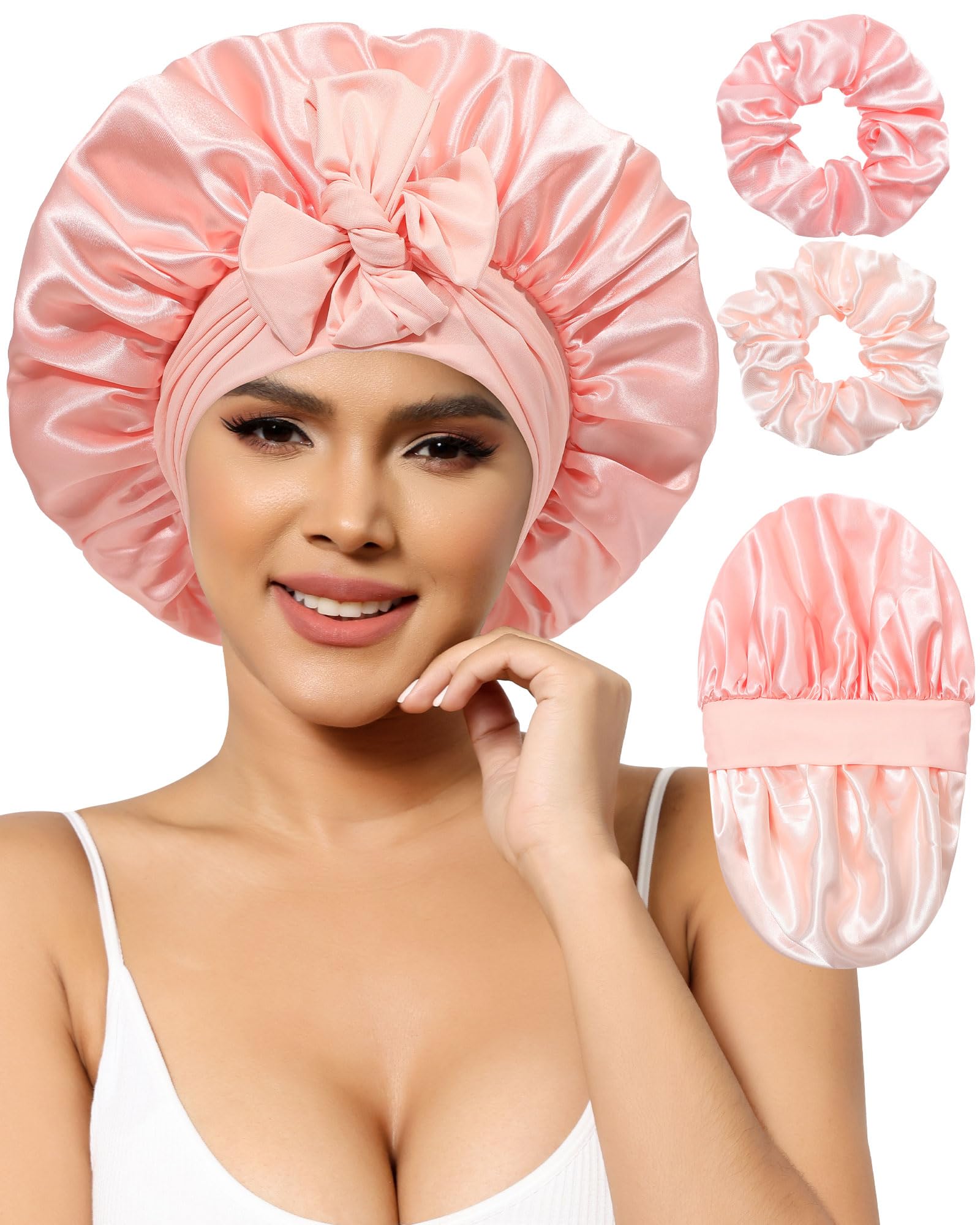 Satin Bonnet Silk Bonnet for Sleeping Women Hair Bonnet for Curly Hair Sleeping Cap Reversible Double Layer Sleep Bonnet with Ti