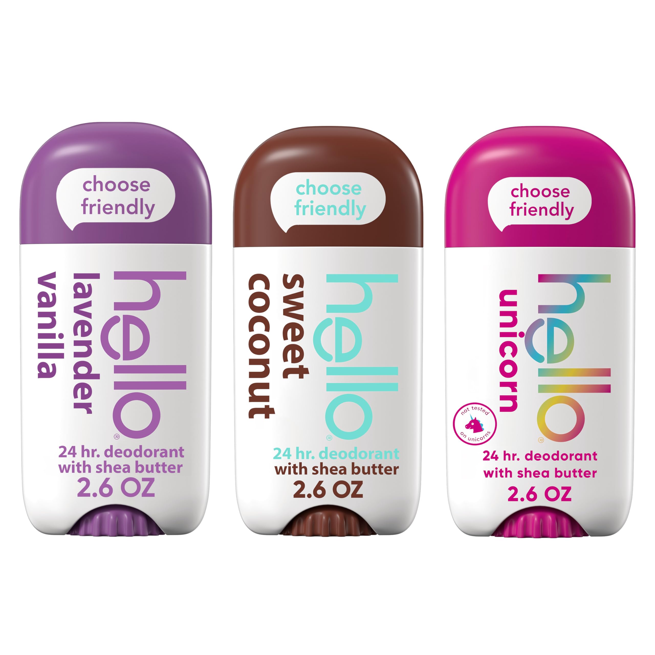 hello Deodorant Variety Pack, Aluminum Free Deodorant for Women and Men with Shea Butter, Lavender Vanilla, Sweet Coconut, Unico