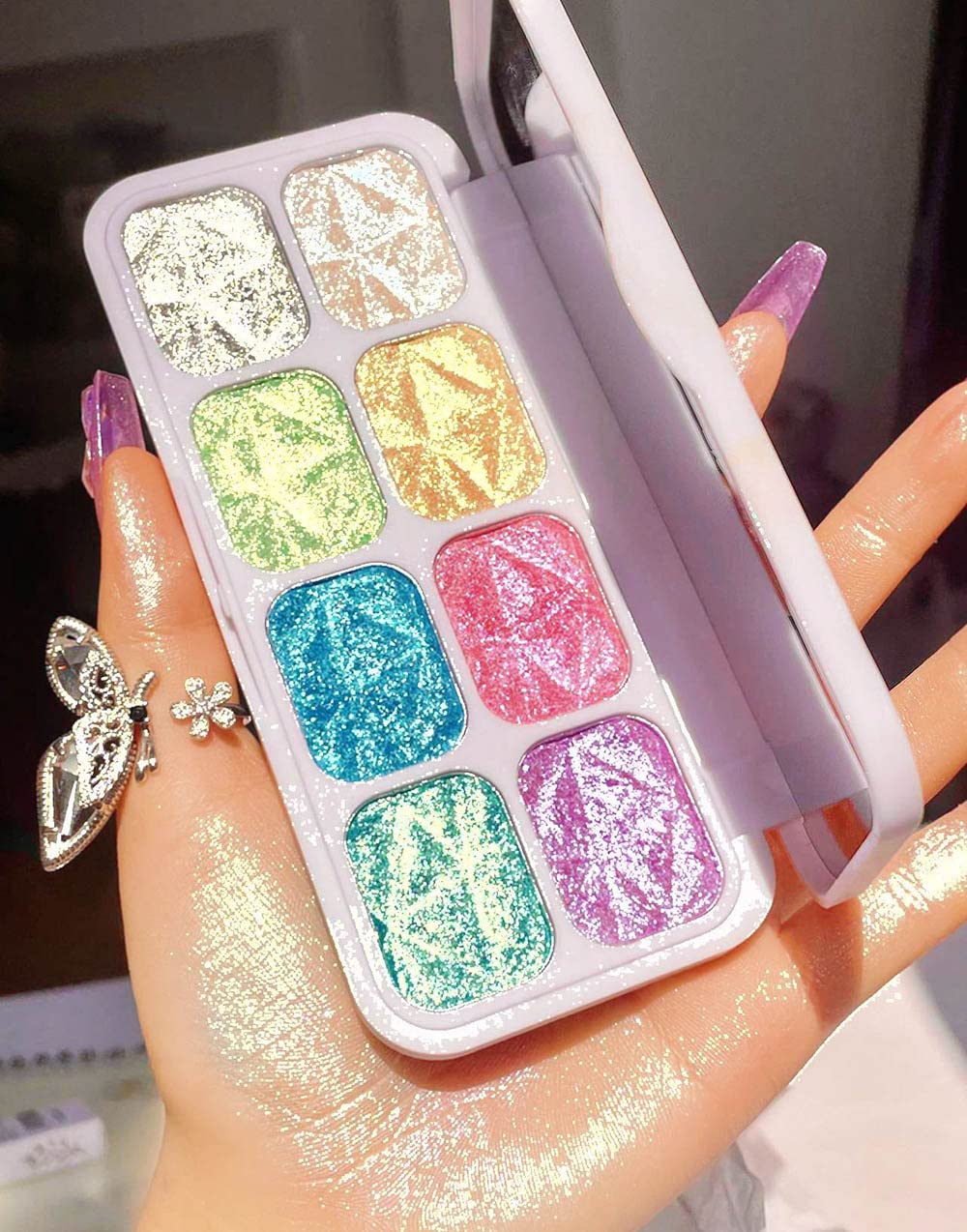 8 Color Face Cheek Highlighter Makeup Palette Shimmer Glitter Iridescent Multichrome Holographic Eyeshadow Palette Purple Rainbo