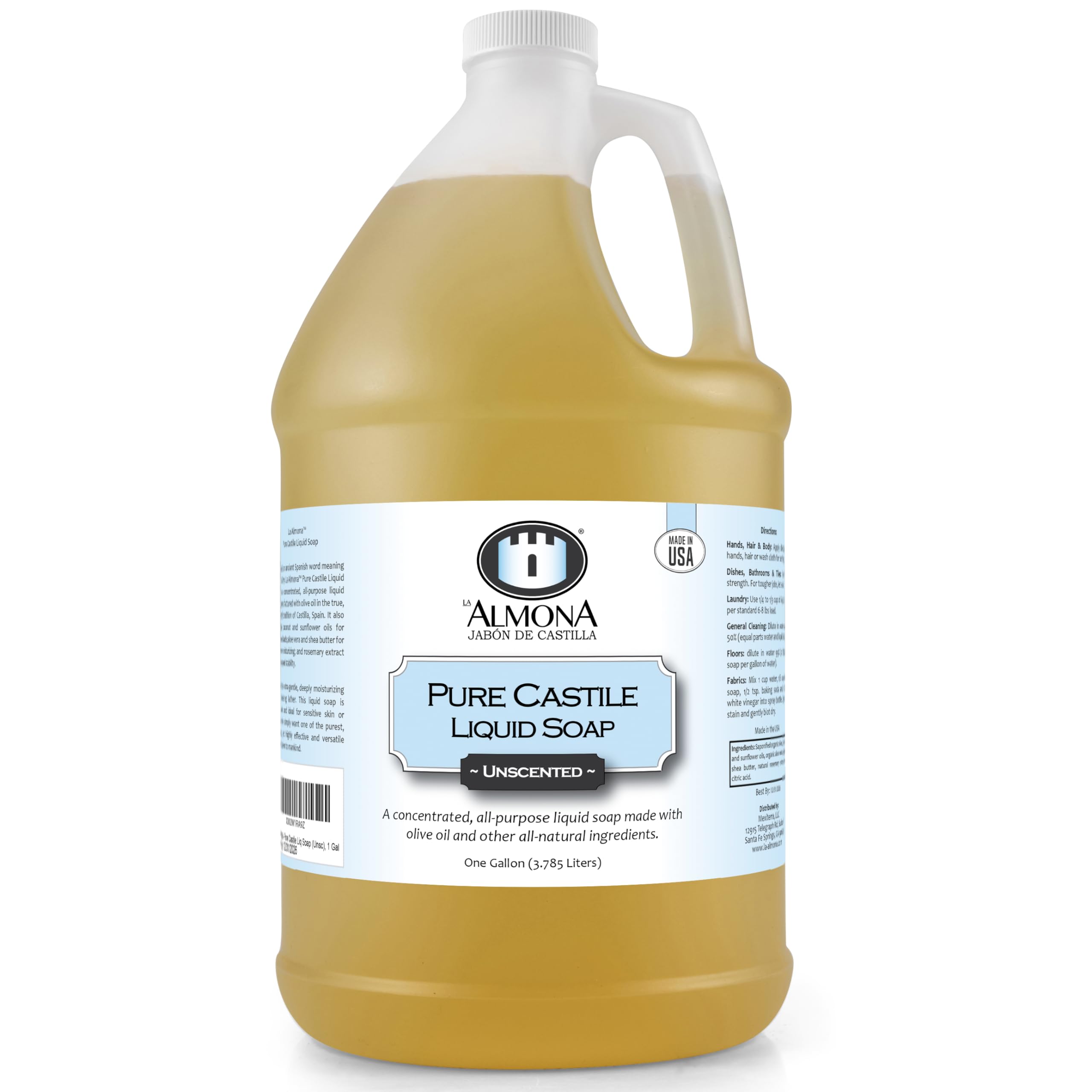 La Almona - Pure Castile Liquid Soap, Unscented, 1 Gallon - Multipurpose: Hands, Face, Body, Laundry, Dishes & More - For Sensit