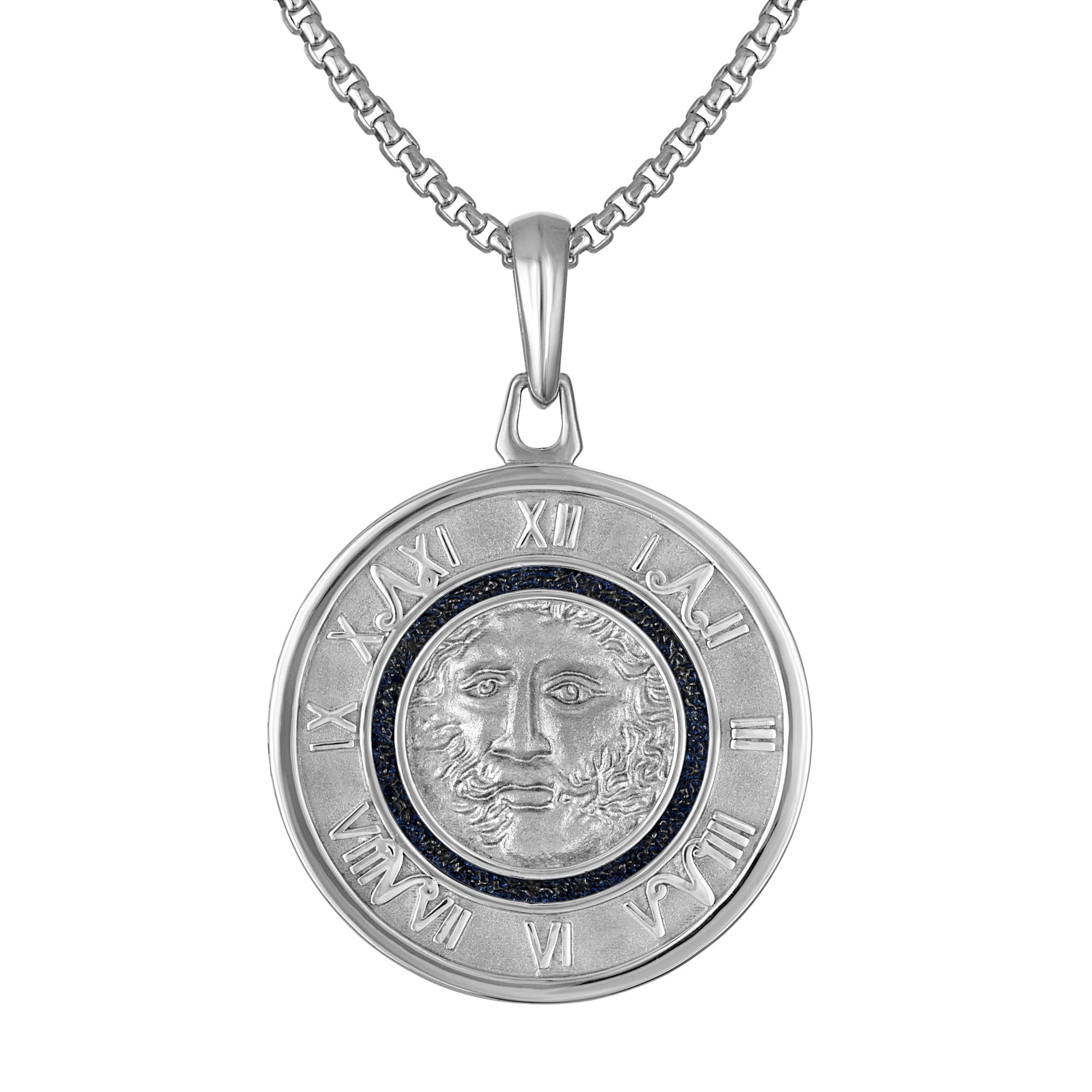 Bulova Mens Jewelry Silver-Tone Sterling Silver Pendant Antiqued-Black Frame Surrounding A Closeup Of Chronos, The God Of Time,