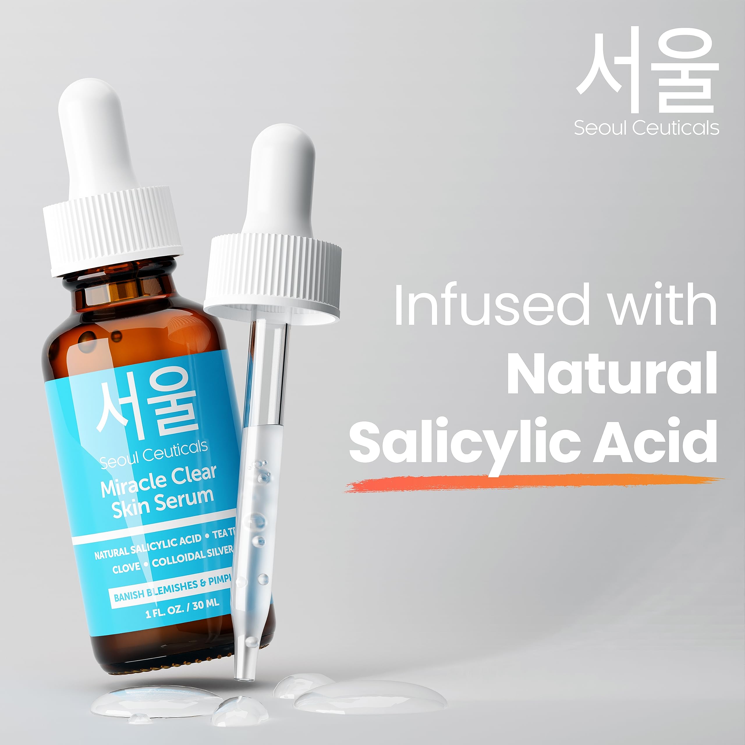 Seoulceuticals Korean Acne Serum, Skin Care Treatment For Acne Prone Skin - Rapid Action Salicylic Acid, Tea Tree & Clove For Ev