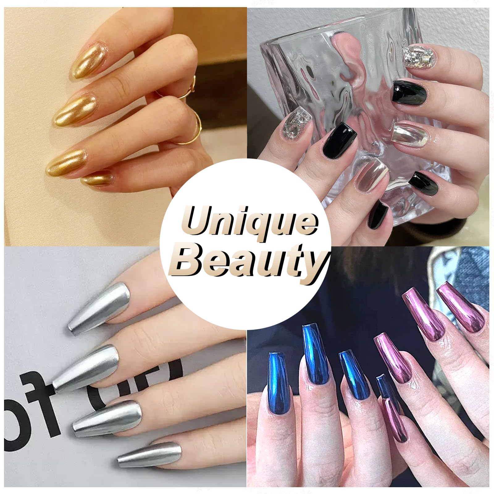 Allstarry Chrome Nail Powder 2Pcs Black Silver Metallic Mirror Effect Dust Glitter Glazed Manicure Decoration Reflective Pigment