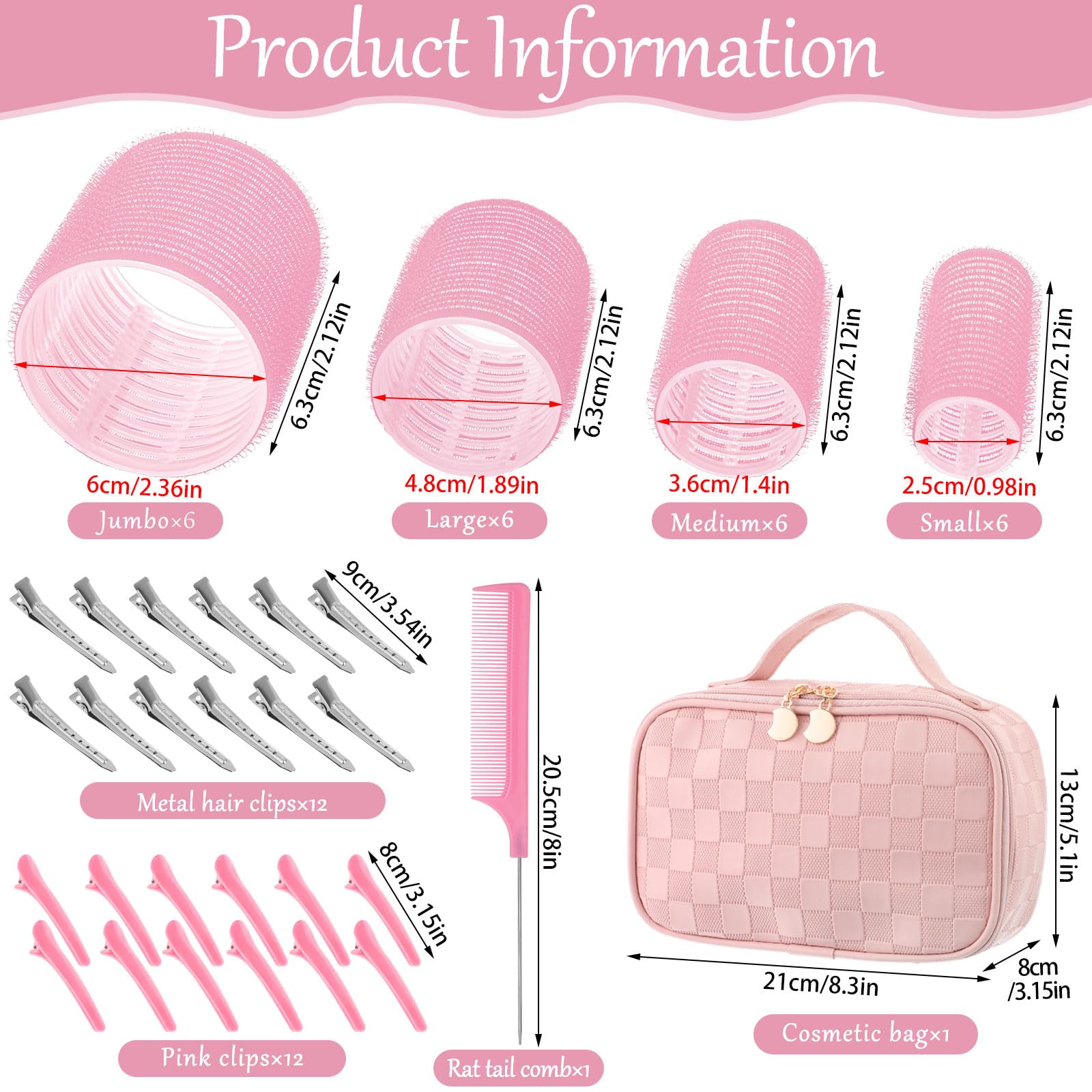 obeoby 50 Pcs in 1 Pack 4 Sizes Hair Rollers with Gift Makeup Bag, 24 Pcs Rollers Hair Curlers Self Grip Hair Rollers with 24 Pc