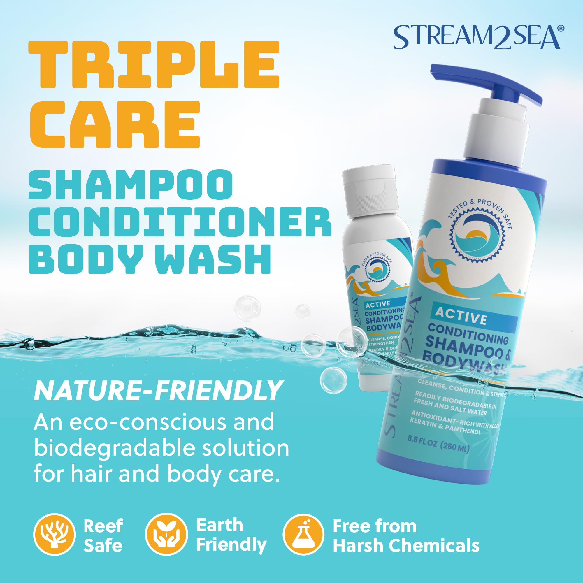 Non Toxic Shampoo and Conditioner, Body Wash 3 in 1 for Swim - Reef Safe Swimmers Shampoo for Men, Women Kids - All Natural Orga