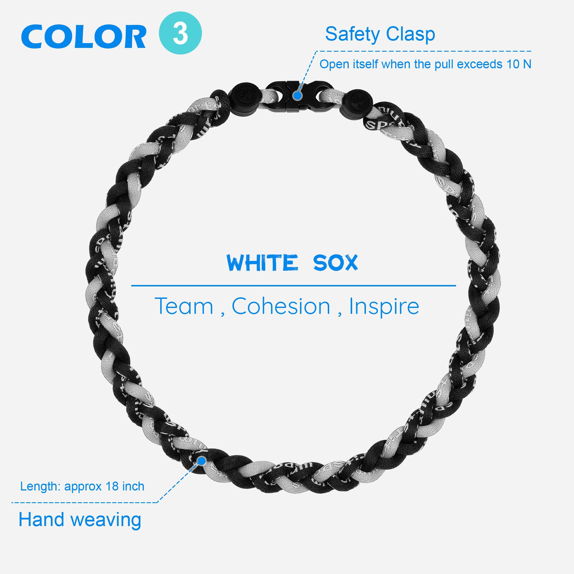 SUPBOMM 3 pcs Baseball Rope Necklaces, League Team Colors Braided Necklace, Baseball Team Gifts, White Sox