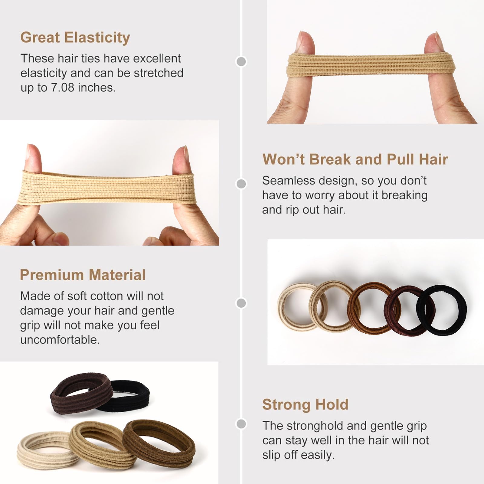 Bessrung 80 Pcs Brown Hair Ties No Damage, Seamless Elastic Hair Ties for Women Girls, Strong, Stretchy Hair Bands, Soft Nylon P
