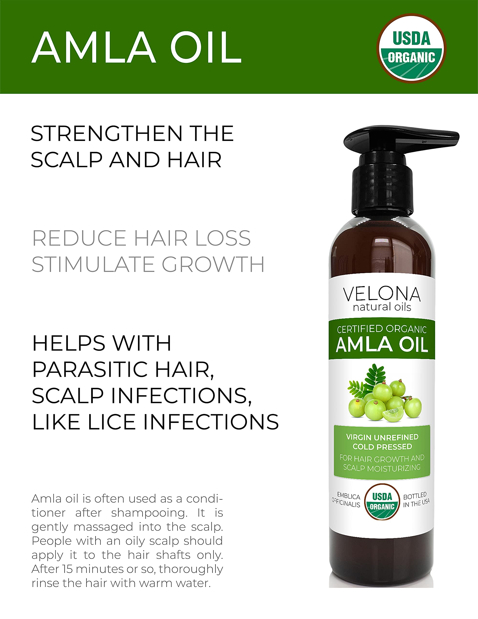 Velona Amla Oil Usda Certified Organic - 8 Oz | 100% Pure And Natural Carrier Oil | Extra Virgin, Unrefined, Cold Pressed | Hair