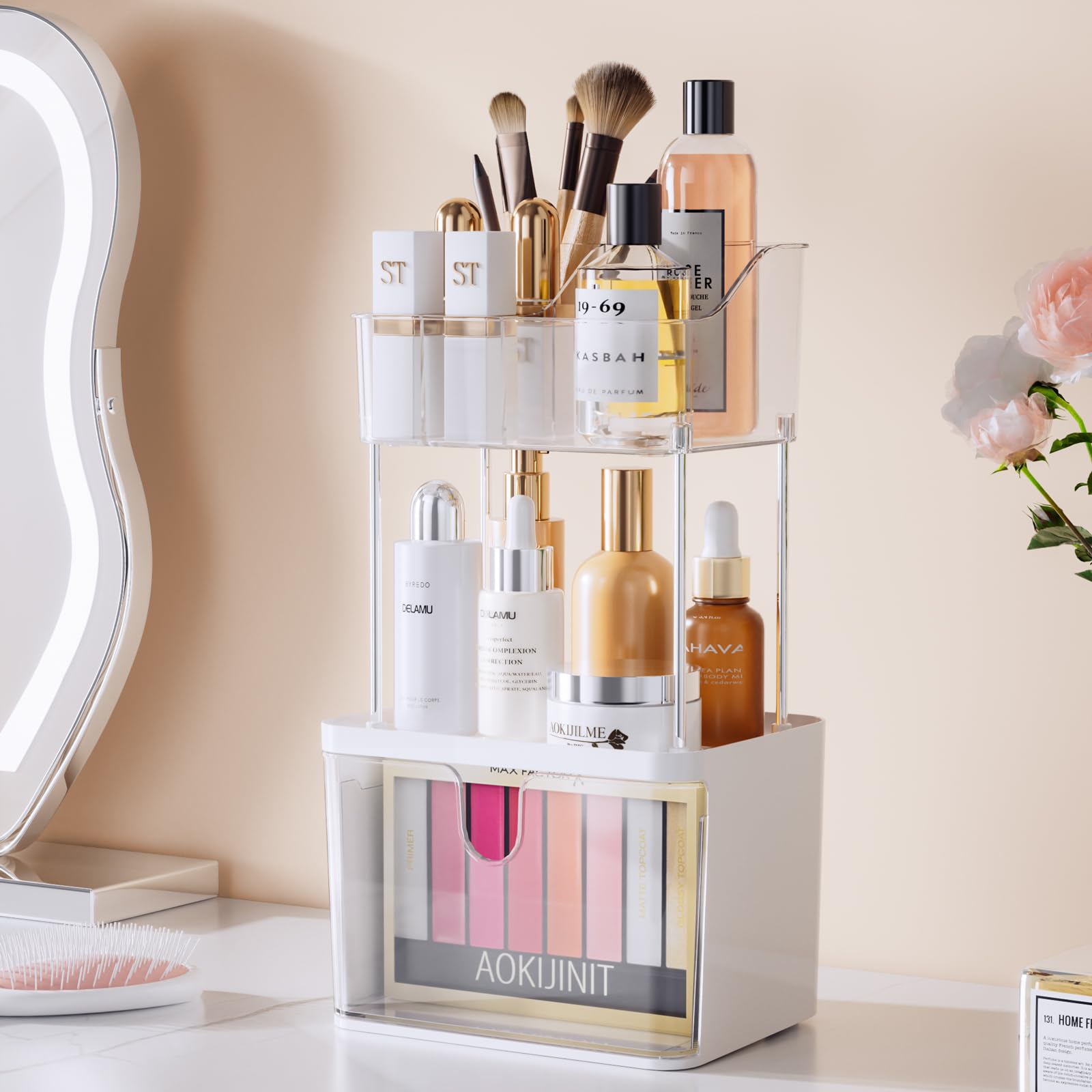 Delamu Bathroom Counter Organizer, 2-Tier Makeup Organizer For Vanity With Large Drawers, Skincare Organizer 6 Compartments For