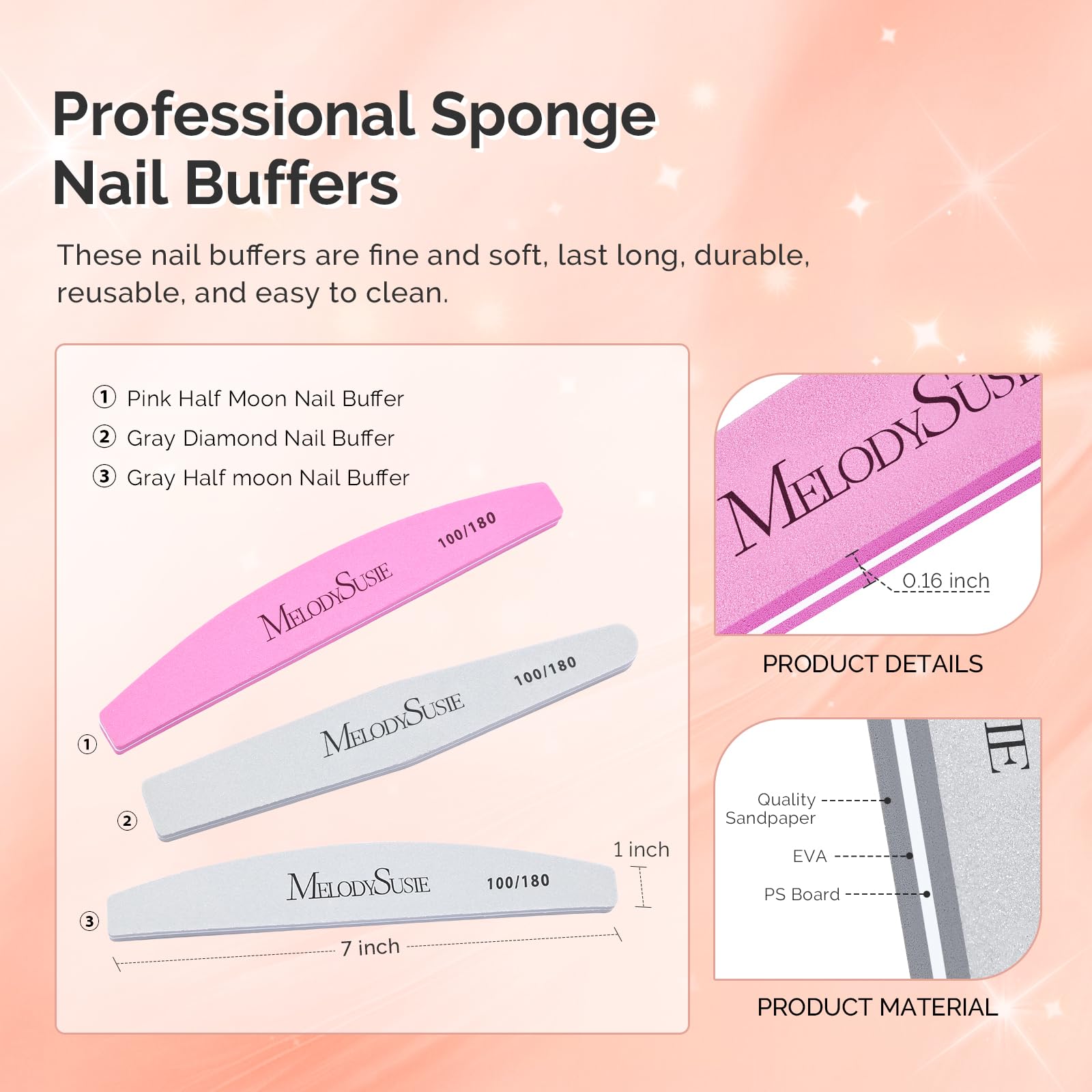 MelodySusie 9Pcs Nail Buffers Set,Nail Files and Buffers,100/180 Grit, Diamond Nail Buffer, Professional Nail Care Tools Kit for