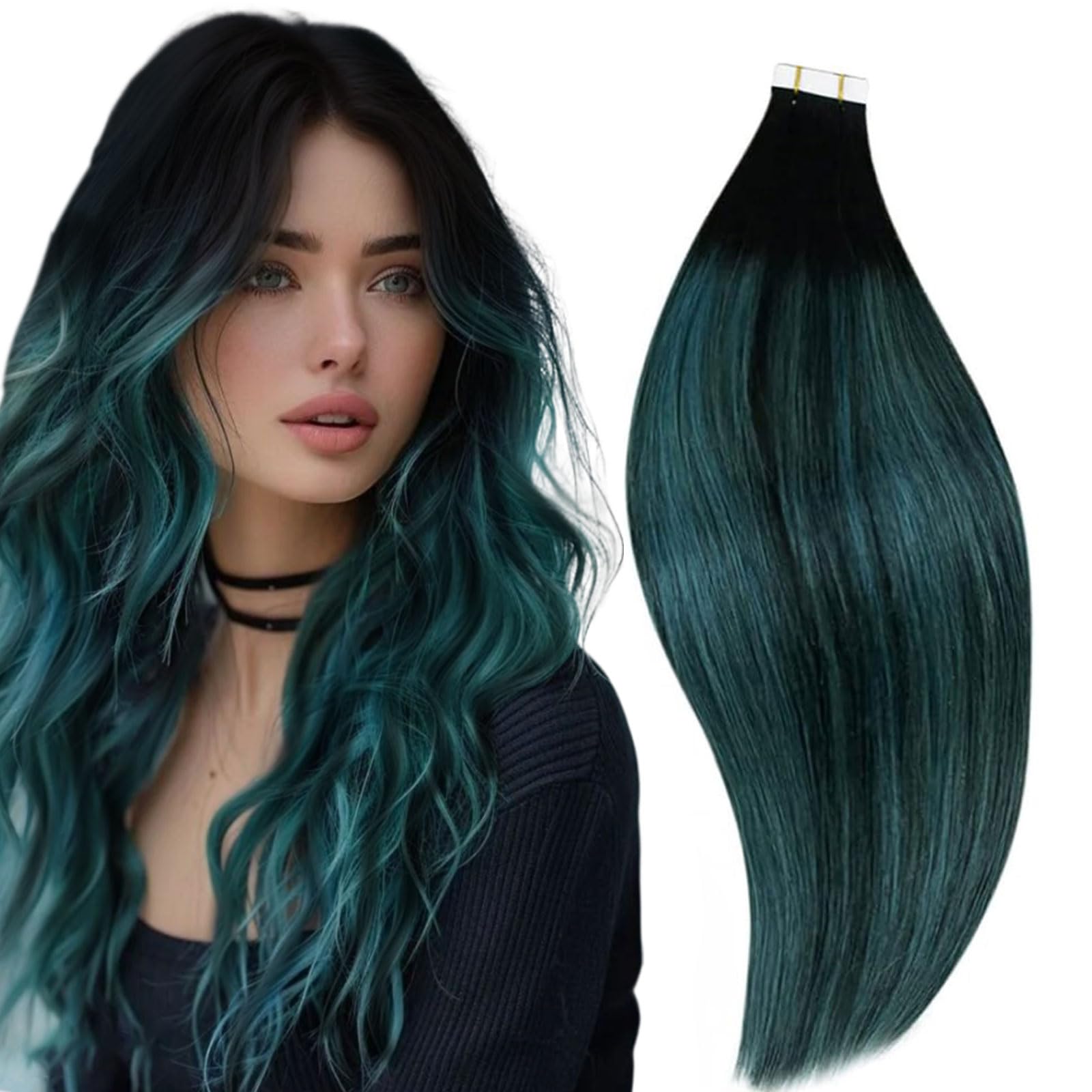 Runature Black Ombre Tape In Hair Extensions Real Human Hair Tape In Extenions Short Natural Black To Blue Tape In Human Hair Ex