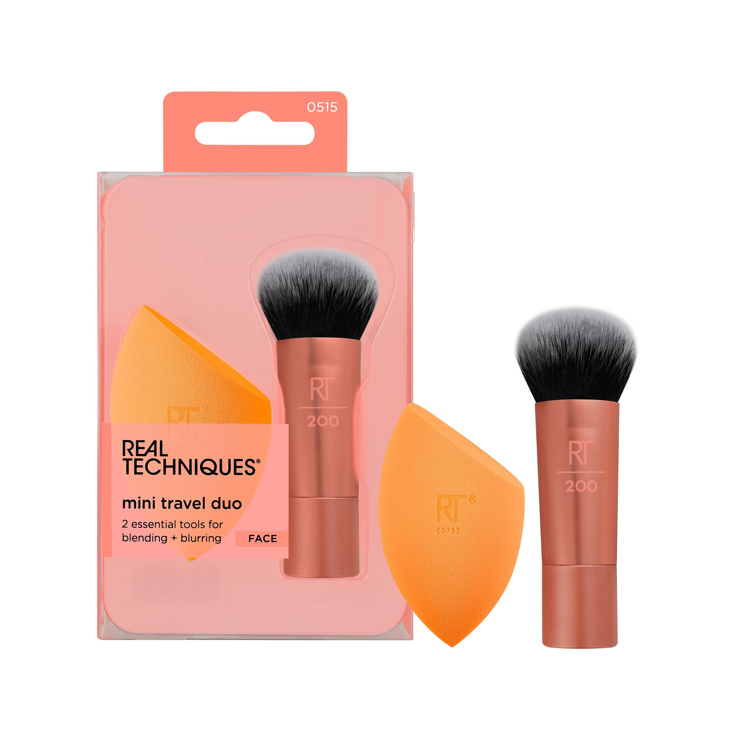 Real Techniques Mini Travel Duo, Makeup Brush Set For Traveling, Mini Foundation Brush & Makeup Blender Sponge For Blending On-T