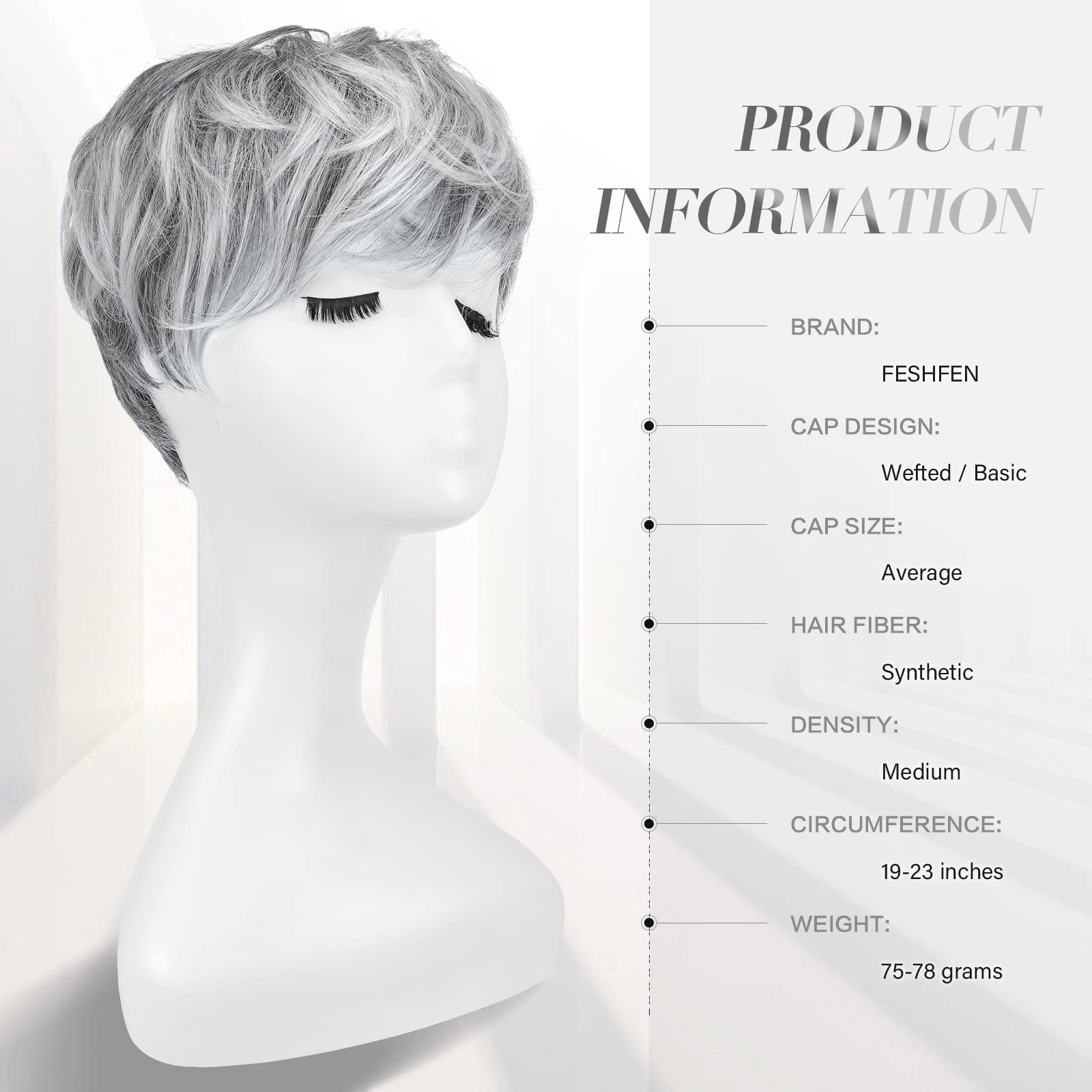 Feshfen Pixie Cut Wigs Synthetic Short Ombre Gray Pixie Haircut Wig With Bangs Glueless Layered Wig Wavy Grey To Black Wigs For