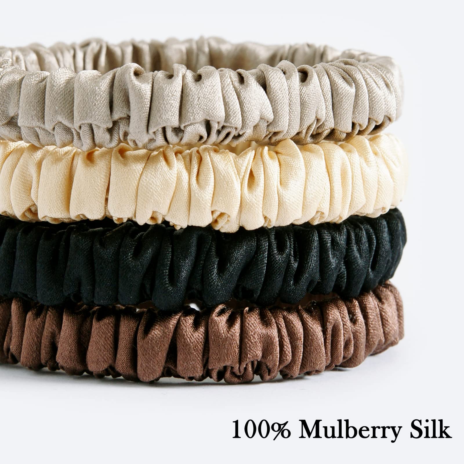 Sobonny 4 Set 100% Pure Mulberry Silk Hair-Friendly + Luxurious Elastic Skinny Scrunchies Travel Pouch Everyday Hair Ties Elasti